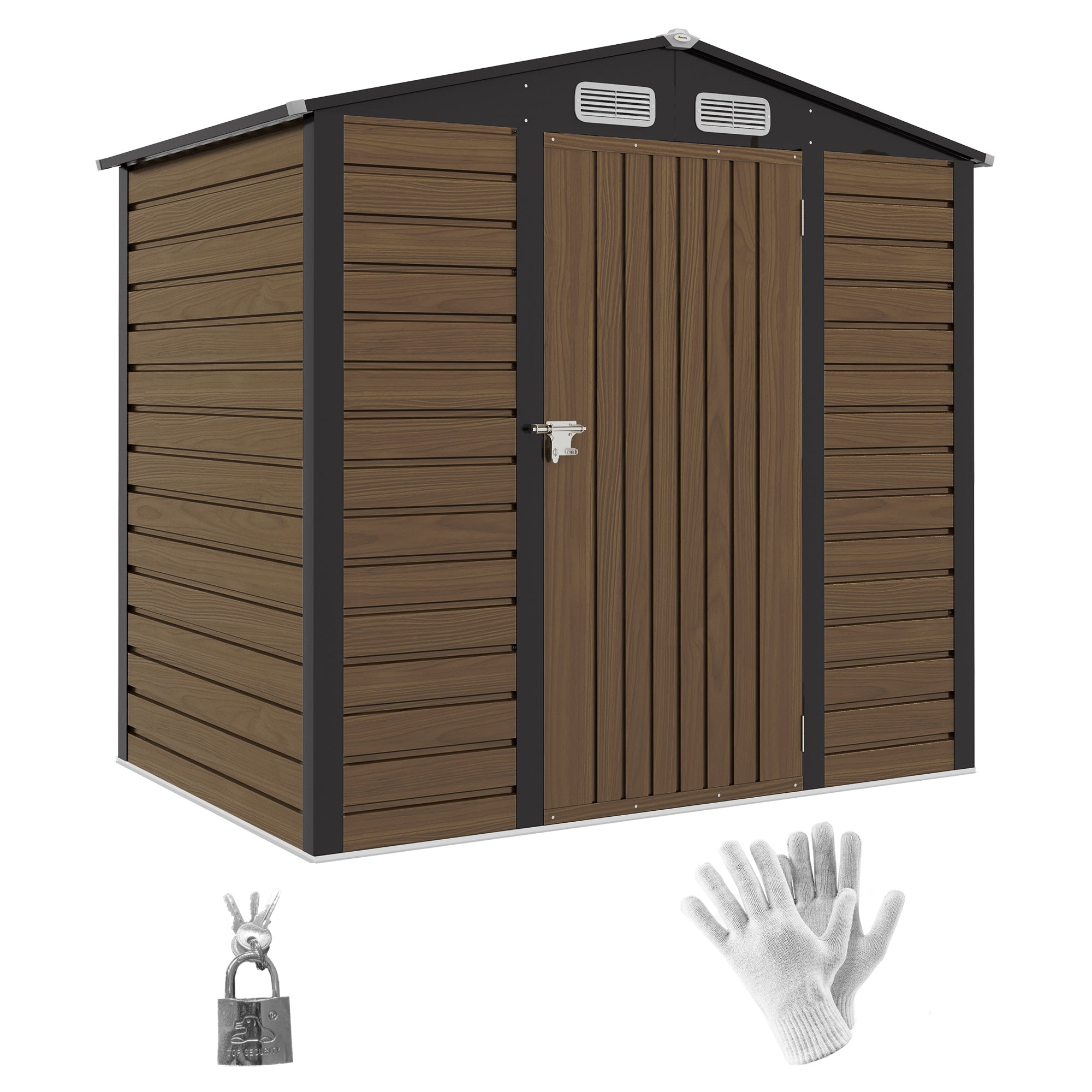Outsunny 4 x 6ft Galvanised Steel Garden Shed, with Lock and Gloves - Oak - anydaydirect