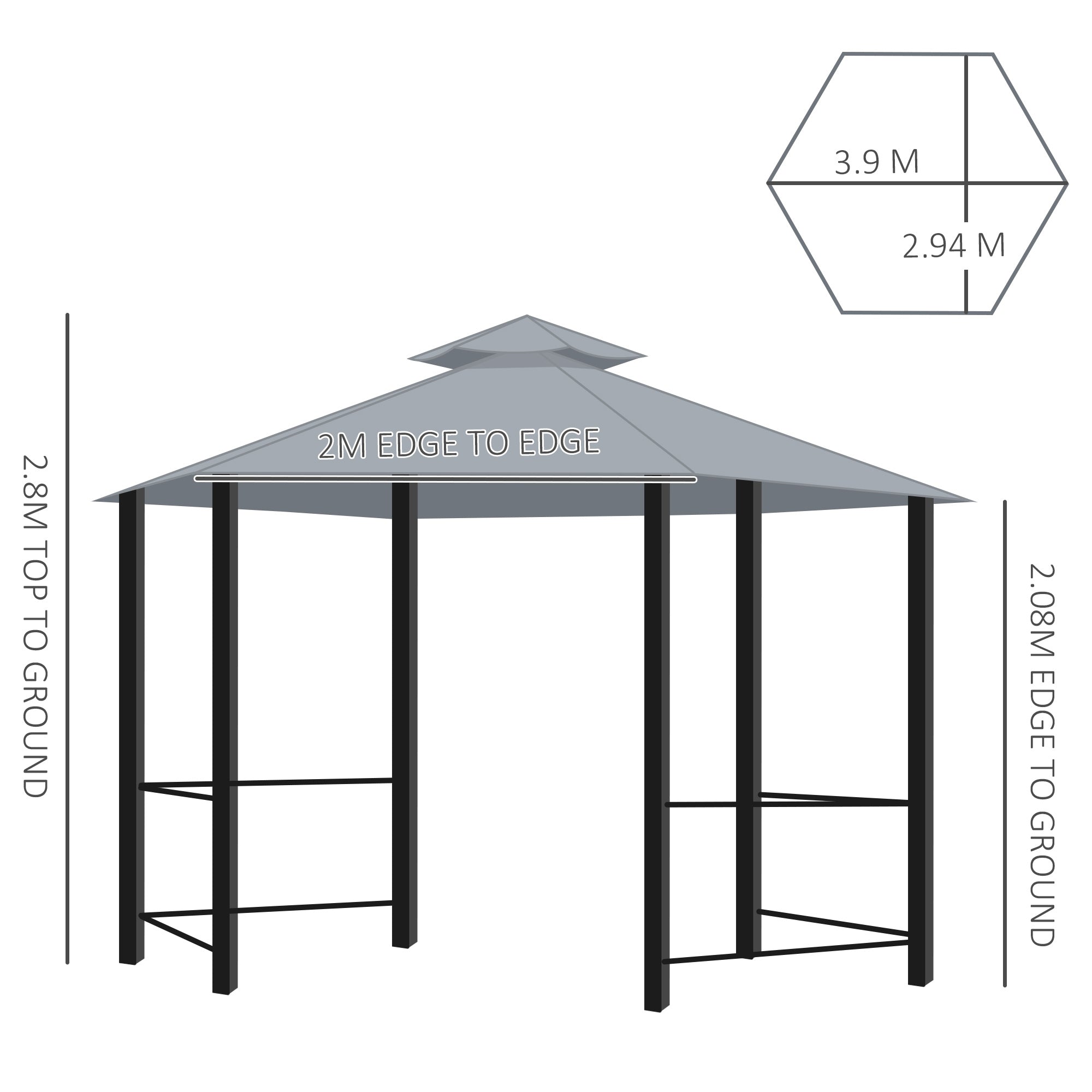 Outsunny 3 x 3(m) Hexagon Gazebo Patio Canopy Party Tent Outdoor Garden Shelter w/ 2 Tier Roof & Side Panel - Grey - anydaydirect