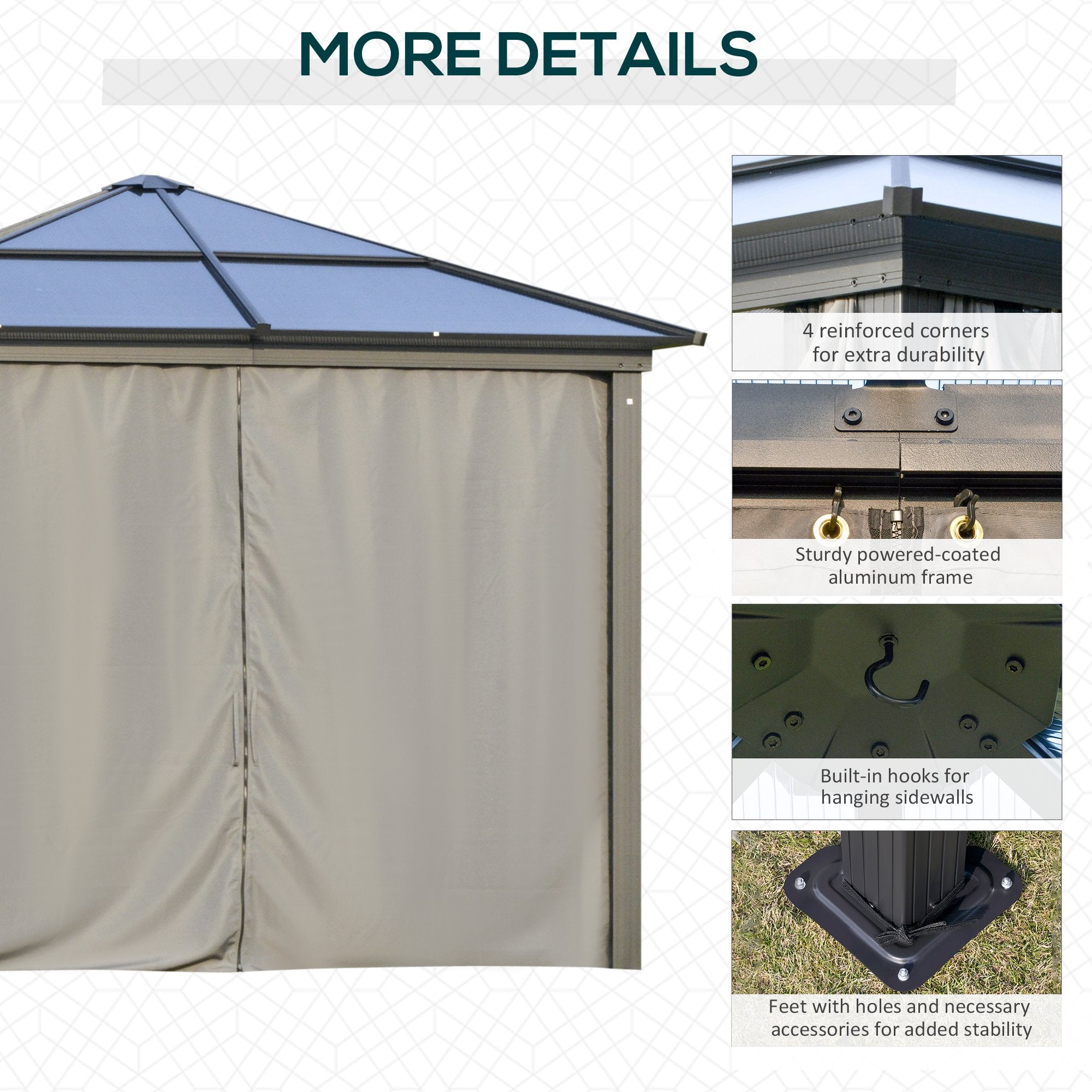 Outsunny 3 x 3(m) Hardtop Gazebo Canopy with Polycarbonate Roof, Aluminium Frame, Permanent Pavilion Garden Gazebo with Netting and Curtains for Patio, Deck, Dark Grey - anydaydirect