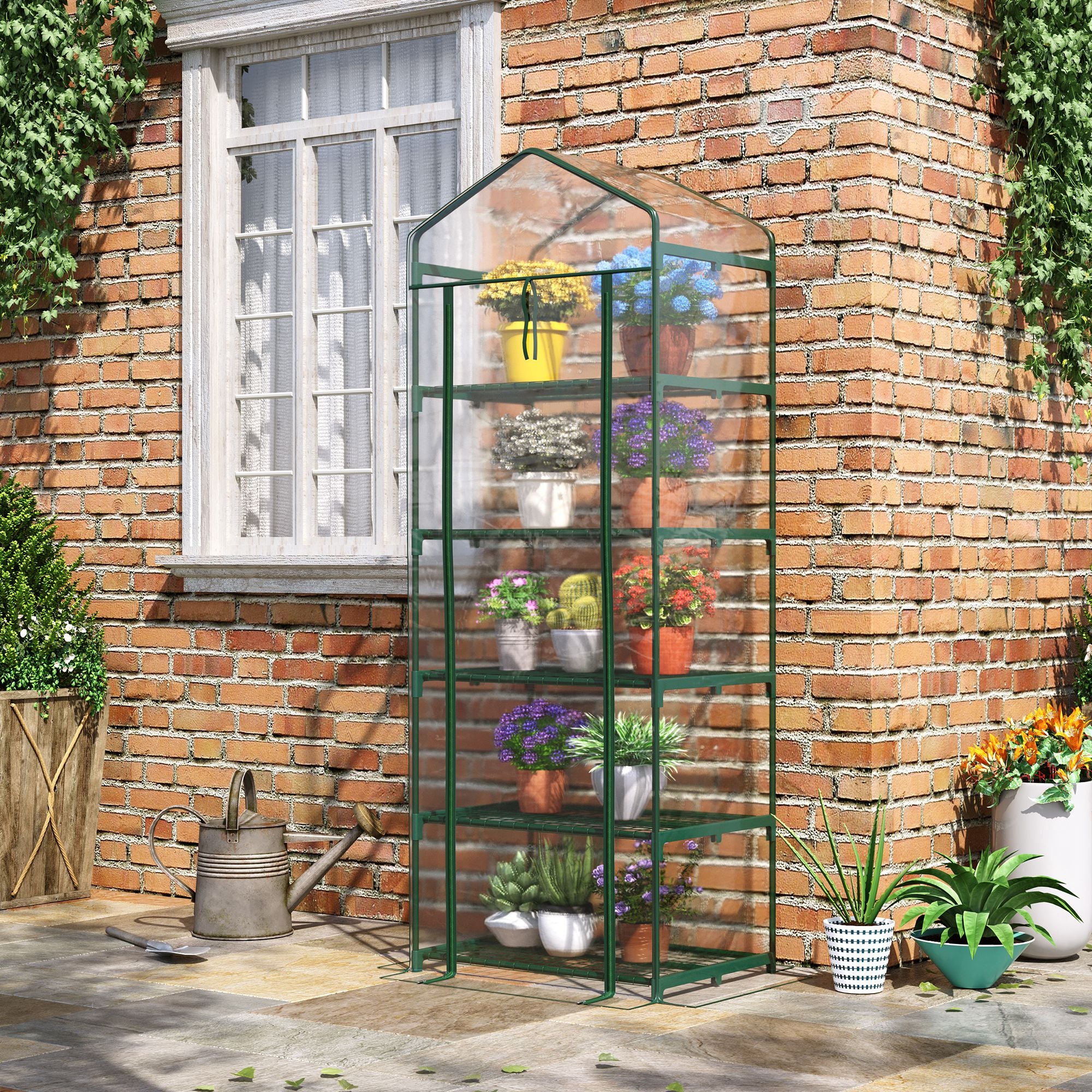 Outsunny 5 Tier Mini Greenhouse Outdoor Flower Stand Green House PVC Cover Portable Shed Metal Frame Transparent 69 x 49 x 193cm - anydaydirect