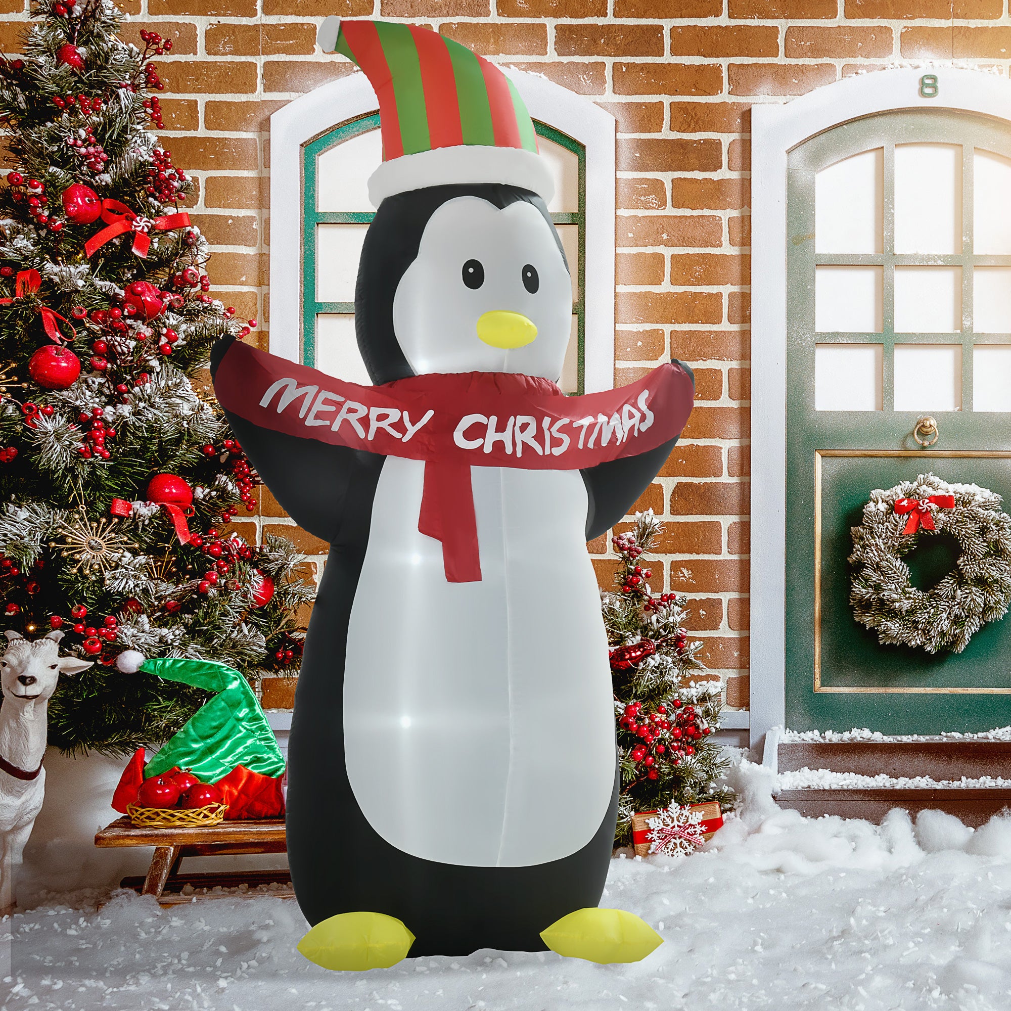 HOMCOM 243cm Inflatable Penguin Holding Merry Christmas Banner Holiday Yard Decoration with LED Lights, Indoor Outdoor Lawn Blow Up Decor - anydaydirect