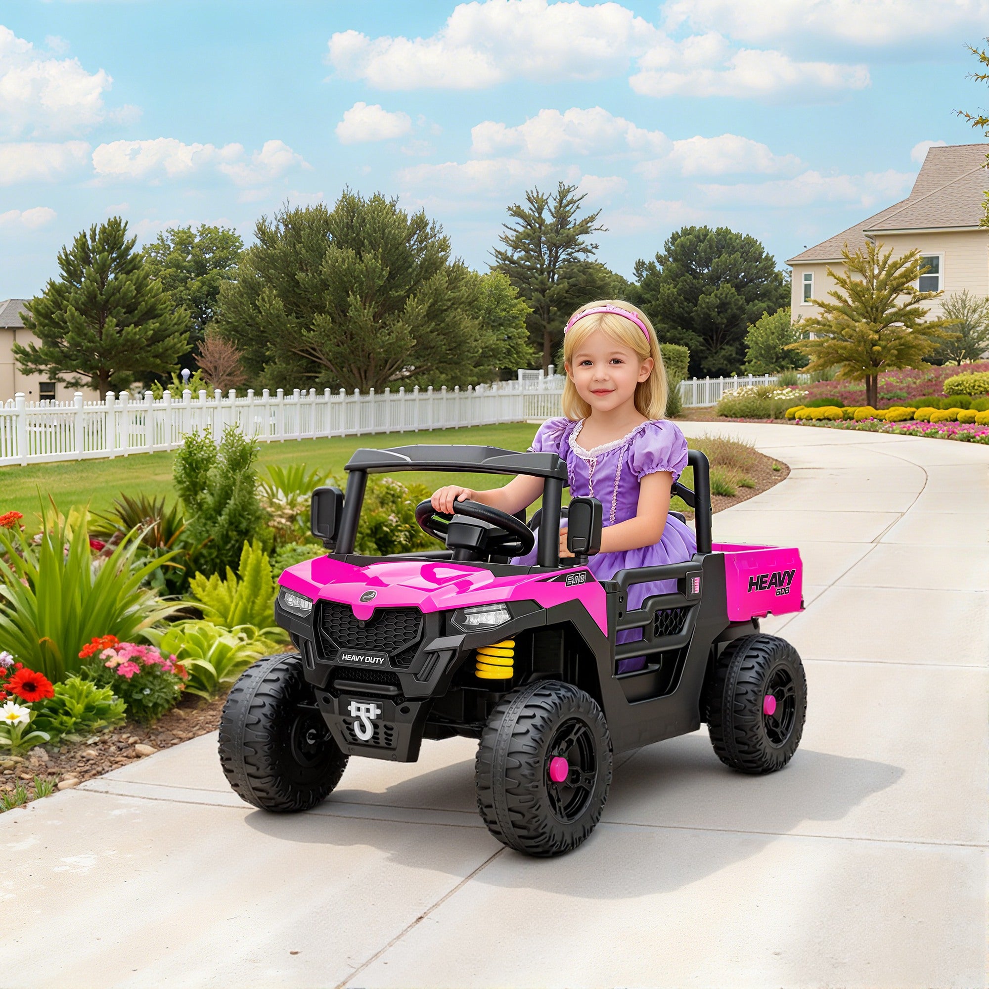 AIYAPLAY Kids Ride on Car, 12V Electric Kids UTV with Electric Dump Bed, 4-Wheel Suspension for 3-8 Years, Pink - anydaydirect