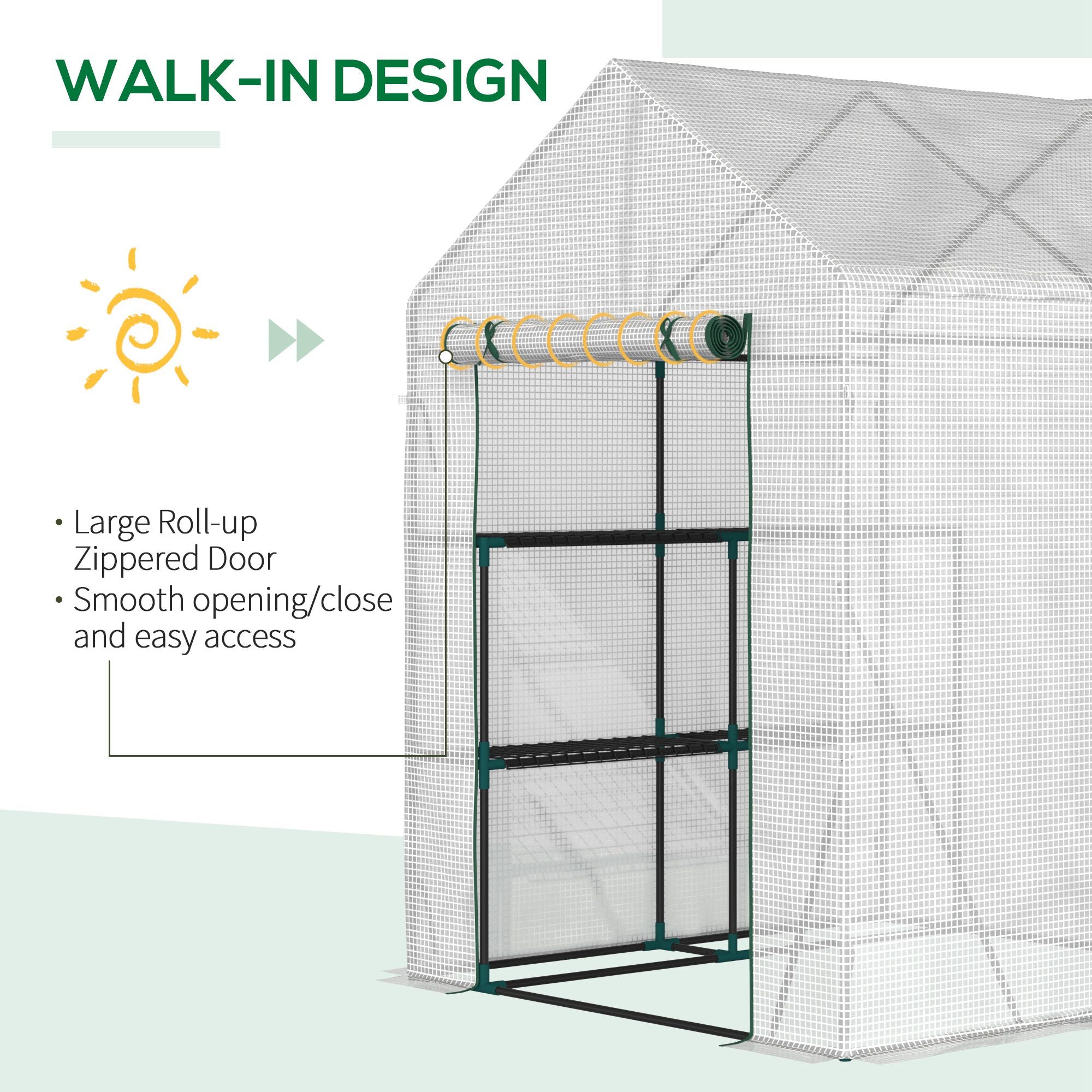 Outsunny Greenhouse for Outdoor, Portable Gardening Plant Grow House with 2 Tier Shelf, Roll-Up Zippered Door, PE Cover, 143 x 143 x 195cm, Green - anydaydirect