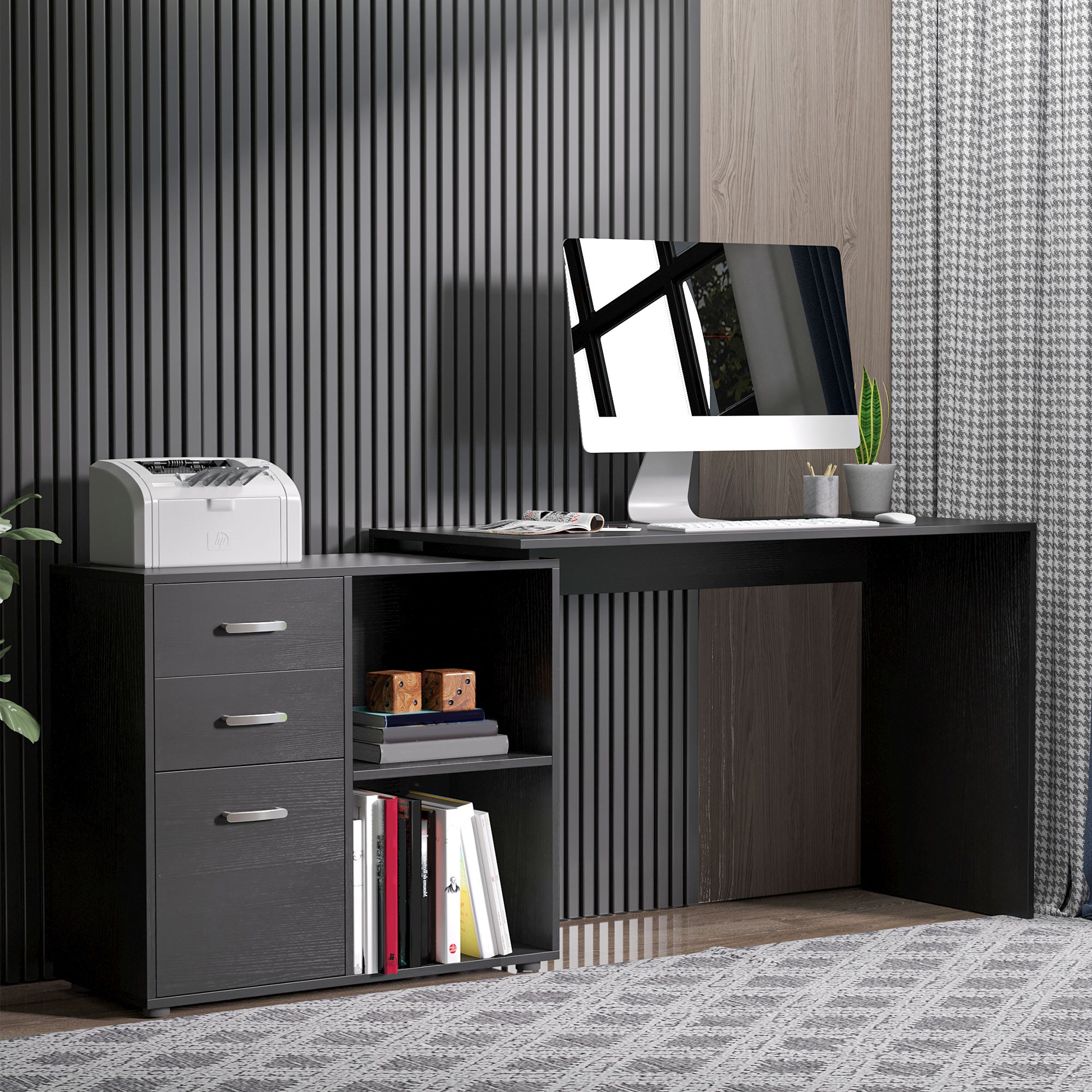 HOMCOM L Shaped Computer Desk, Reversible Home Office Desk with Drawers, File Cabinet and Storage Shelves, Study Table, 117 x 83.5 x 76cm, Black - anydaydirect