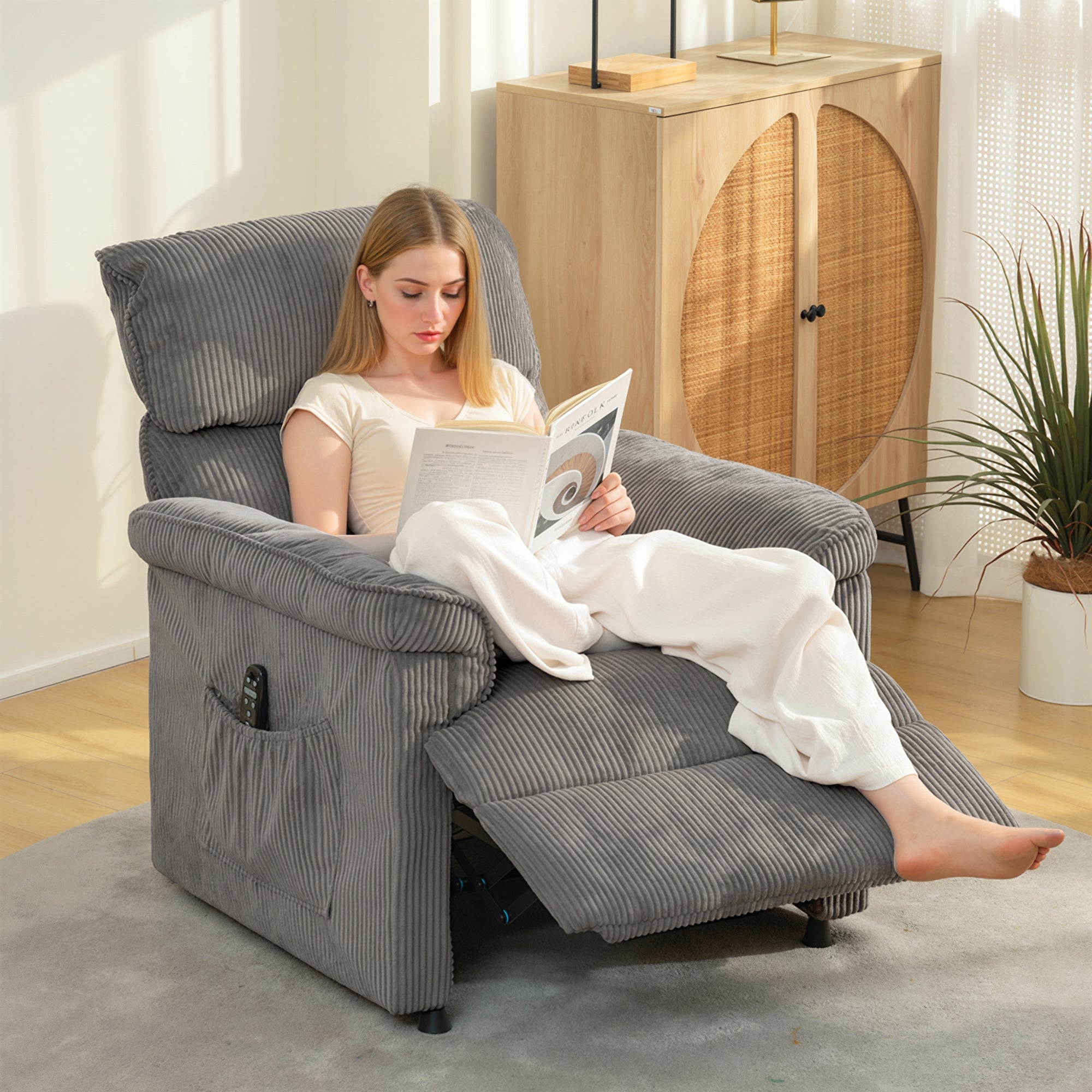 HOMCOM Corduroy Electric Massage Recliner - Grey - anydaydirect