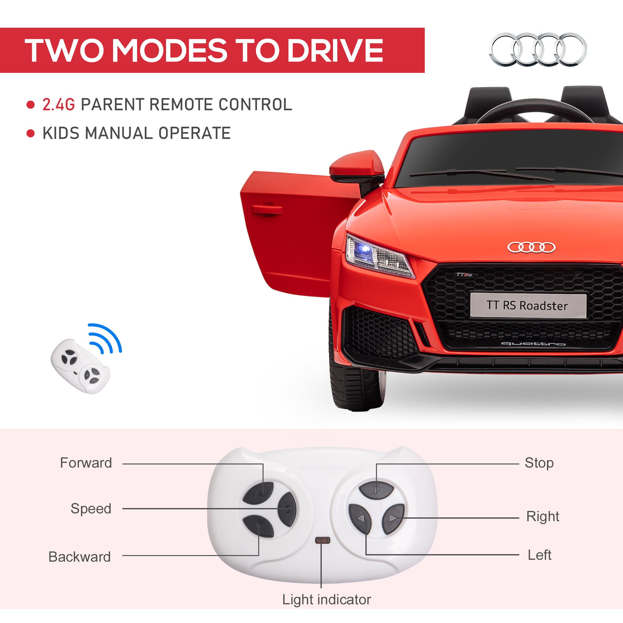 HOMCOM Compatible for 12V Rechargeable Battery Ride On Car w/ Remote Forward Reverse Lights Horn MP3 Player Red w/ Seat Belt Audi TT RS - anydaydirect