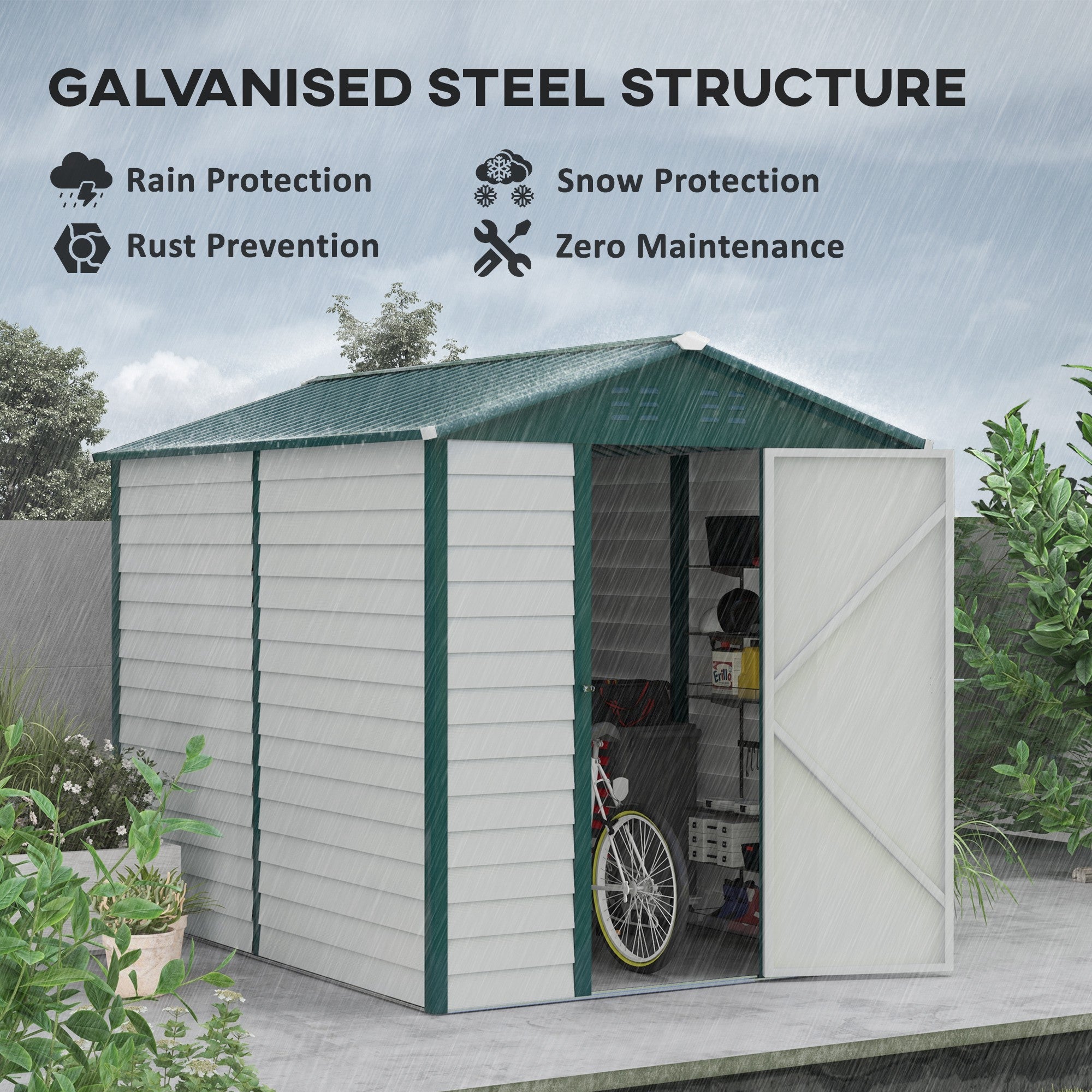 Outsunny 9FT x 6FT Galvanized Metal Garden Shed, Outdoor Storage Shed with Sloped Roof, Lockable Door, Tool Storage Shed for Backyard, Patio, White - anydaydirect