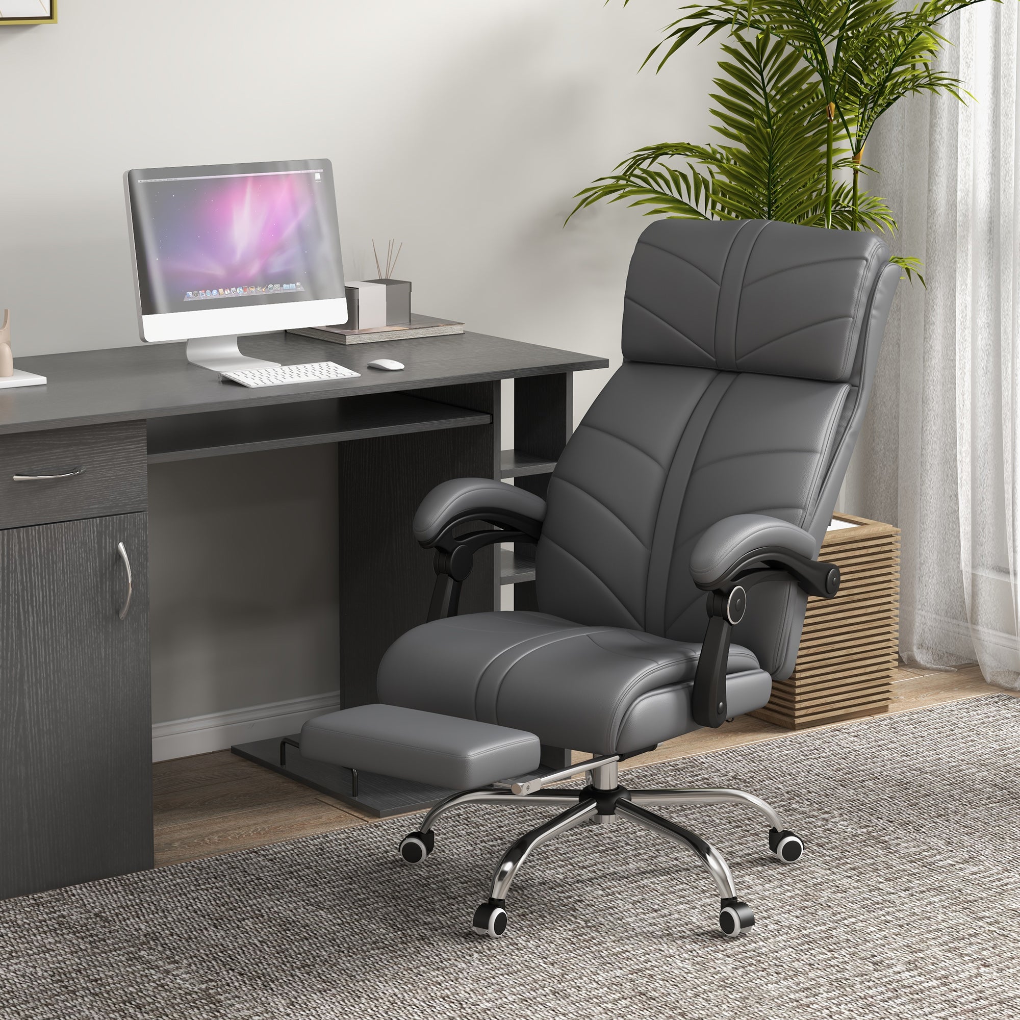 Vinsetto High Back Vibration Massage Office Chair, Heated Reclining PU Leather Computer Chair with Footrest, Grey - anydaydirect