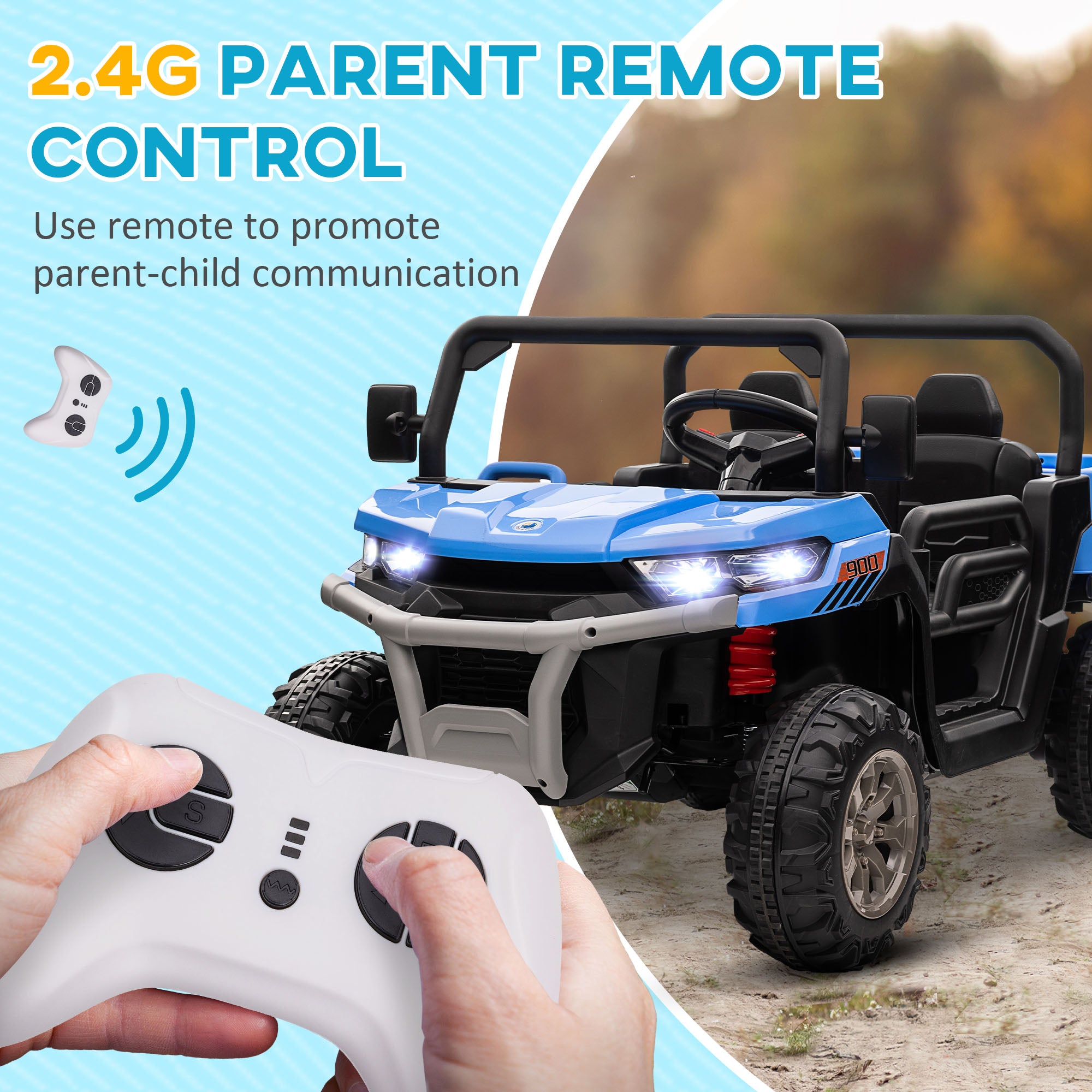 HOMCOM 12V Two-Seater Kids Electric Ride-On Car, with Electric Bucket, Remote Control - Blue - anydaydirect