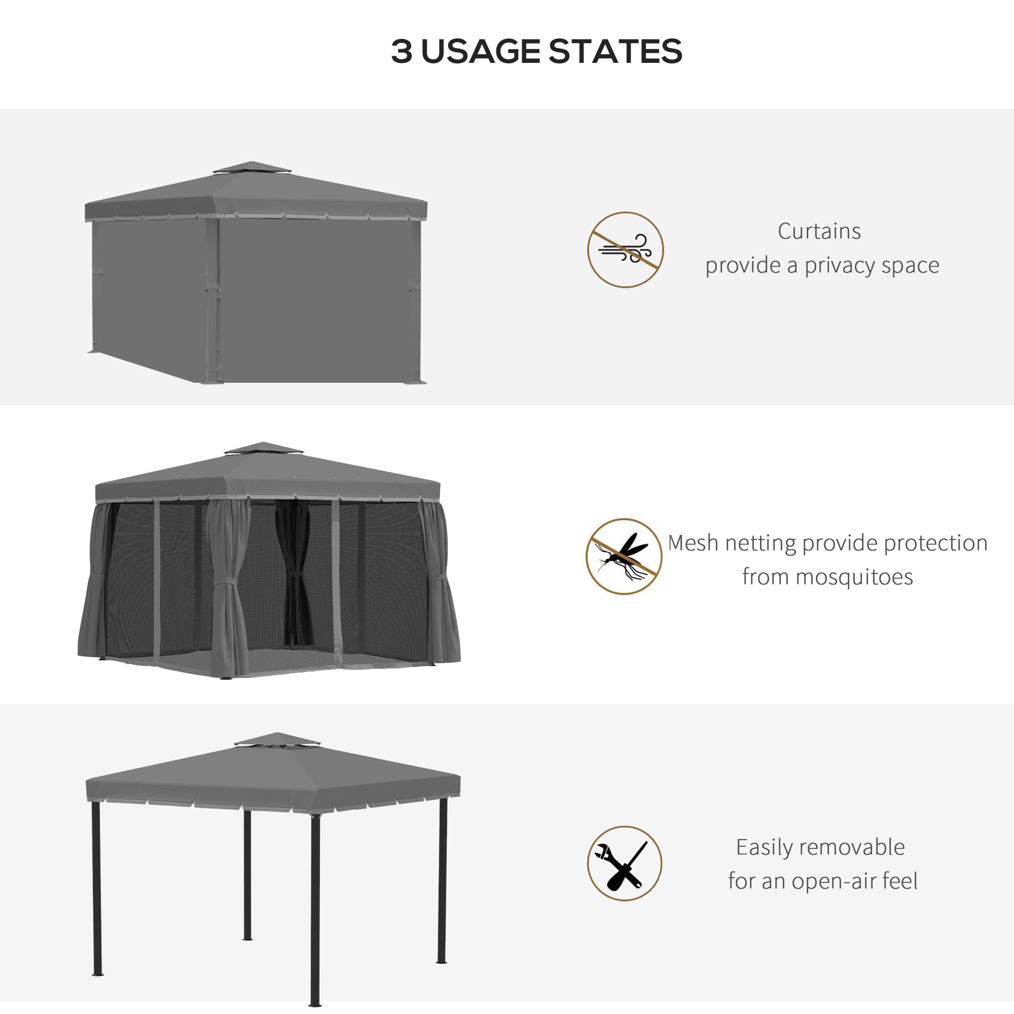 Outsunny 3 x 3(m) Patio Gazebo Canopy Garden Pavilion Tent Shelter Marquee with 2 Tier Water Repellent Roof, Mosquito Netting and Curtains, Aluminium Frame, Dark Grey - anydaydirect