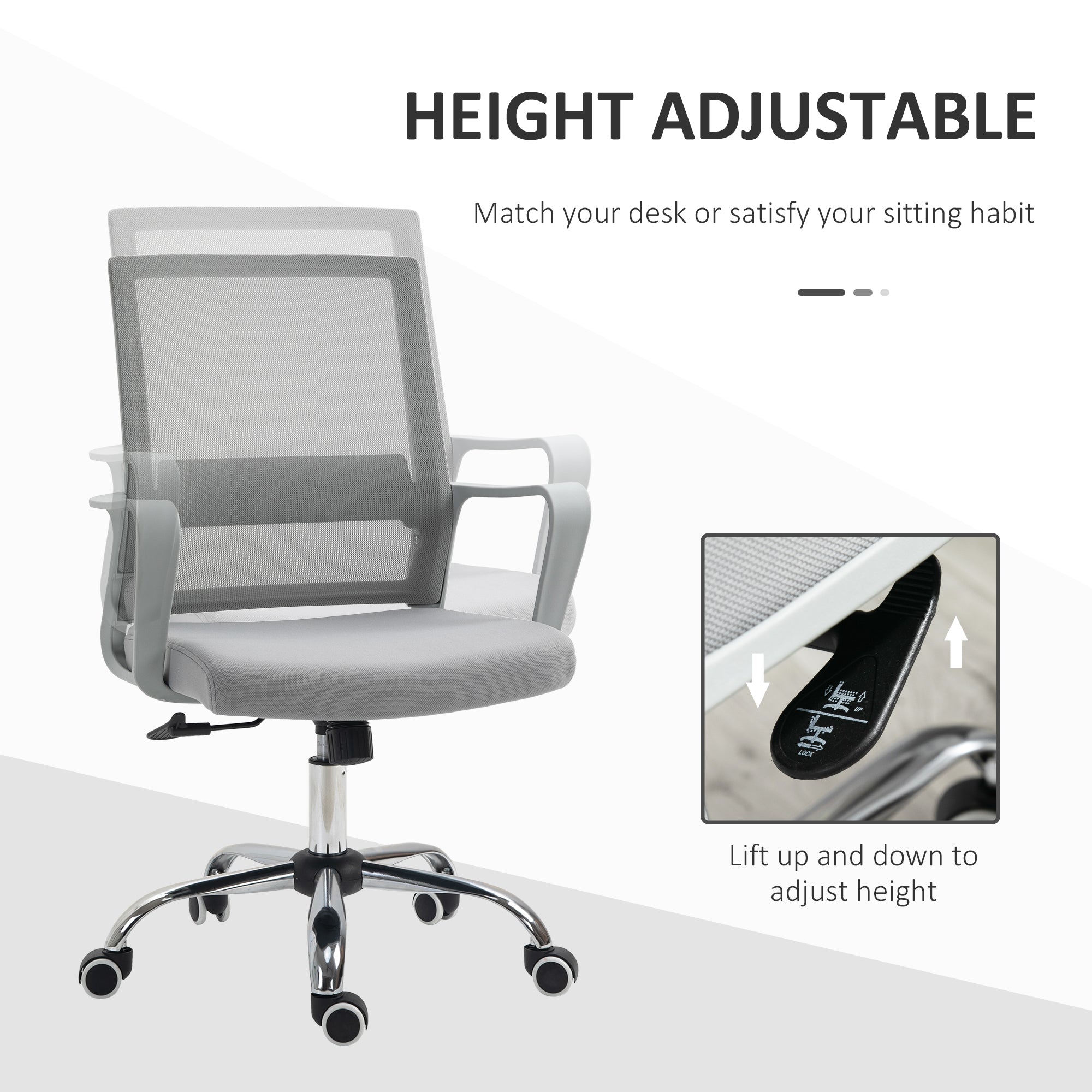 Vinsetto Ergonomic Desk Chair Mesh Office Chair with Adjustable Height Armrest and 360° Swivel Castor Wheels Grey - anydaydirect