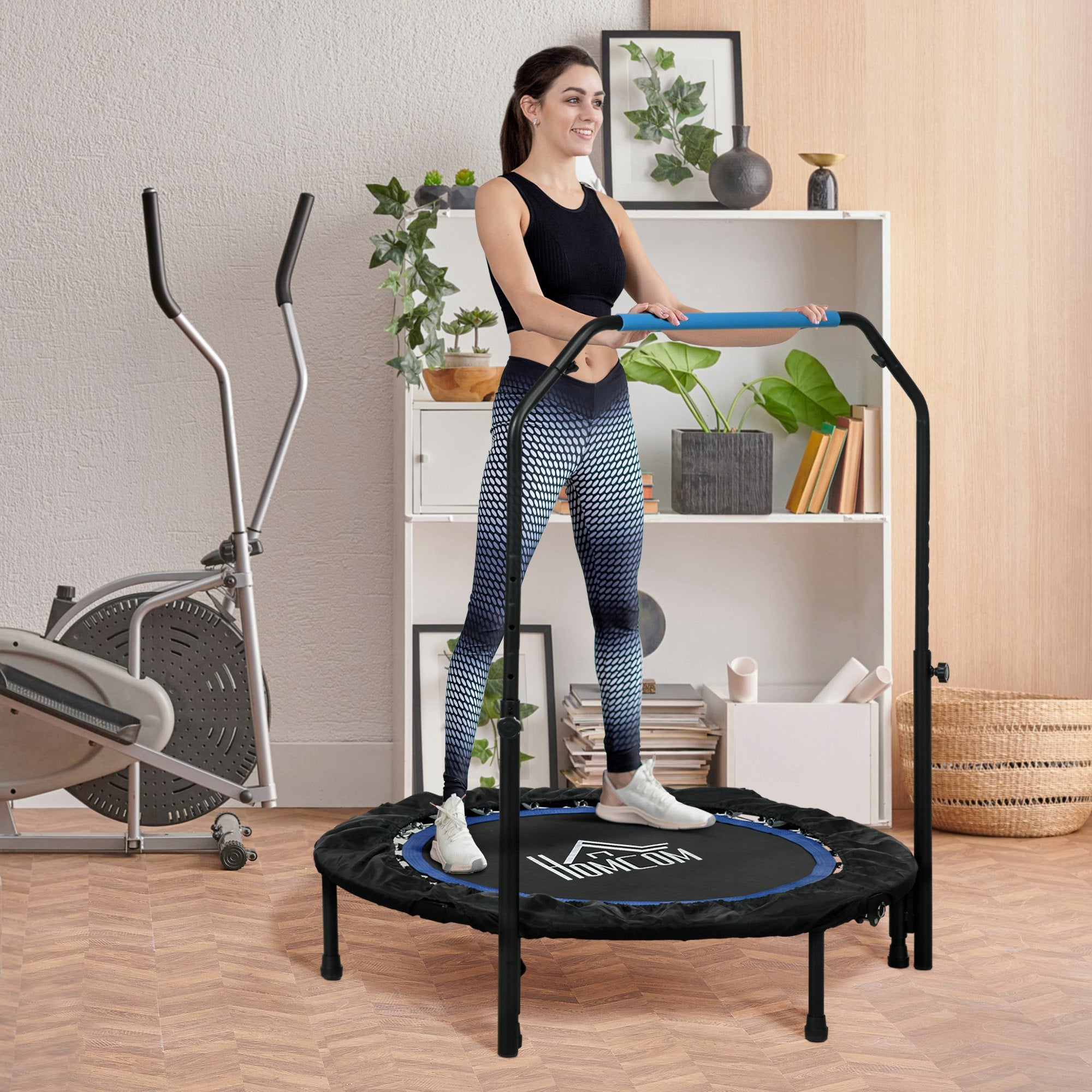 HOMCOM 40" Foldable Mini Fitness Trampoline, with Adjustable Foam Handle, Blue - anydaydirect