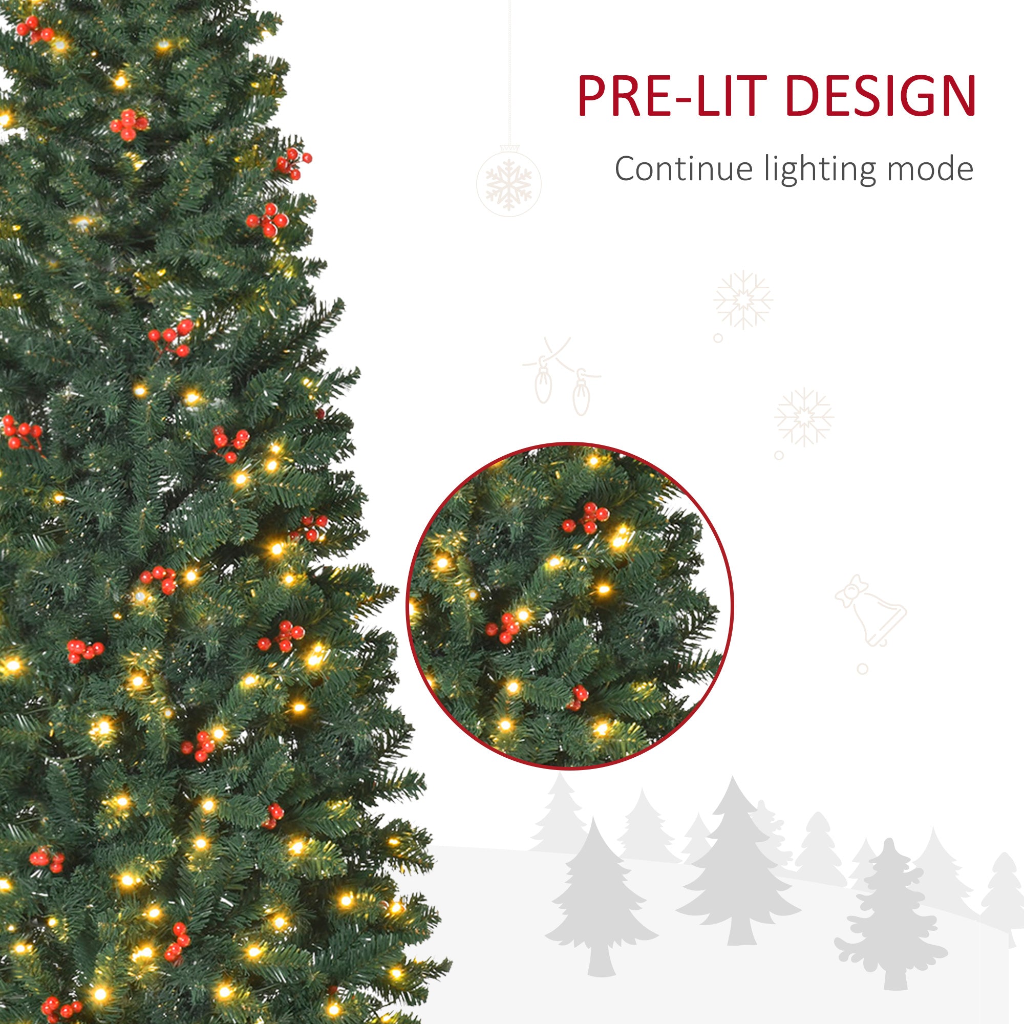 HOMCOM 6FT Prelit Artificial Pencil Christmas Tree with Warm White LED Light, Red Berry, Holiday Home Xmas Decoration, Green - anydaydirect