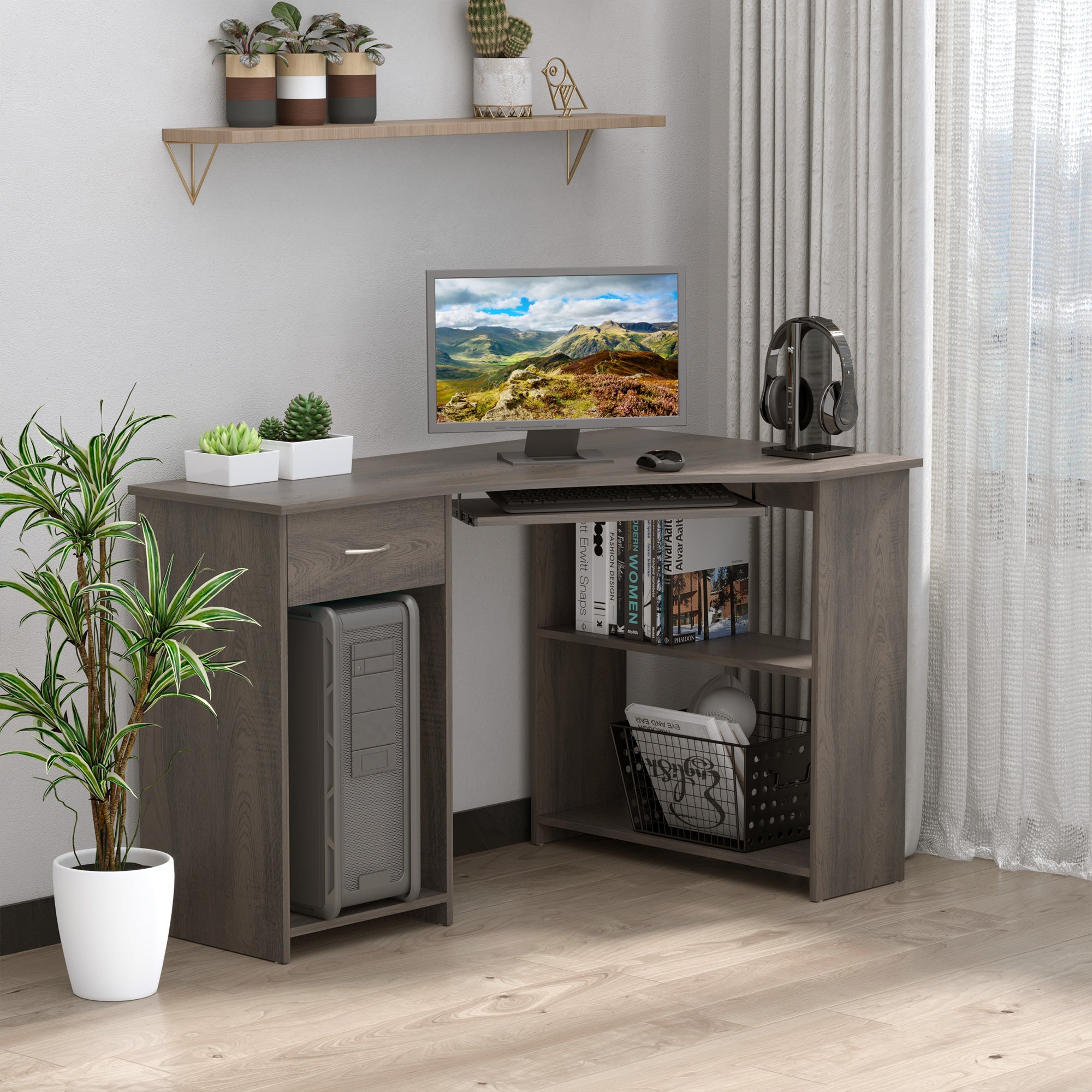 HOMCOM L-Shaped Corner Computer Desk w/ 2 Shelves Wide Worktop Keyboard Tray Drawer & CPU Stand Home Office Study Bedroom Furniture Grey - anydaydirect