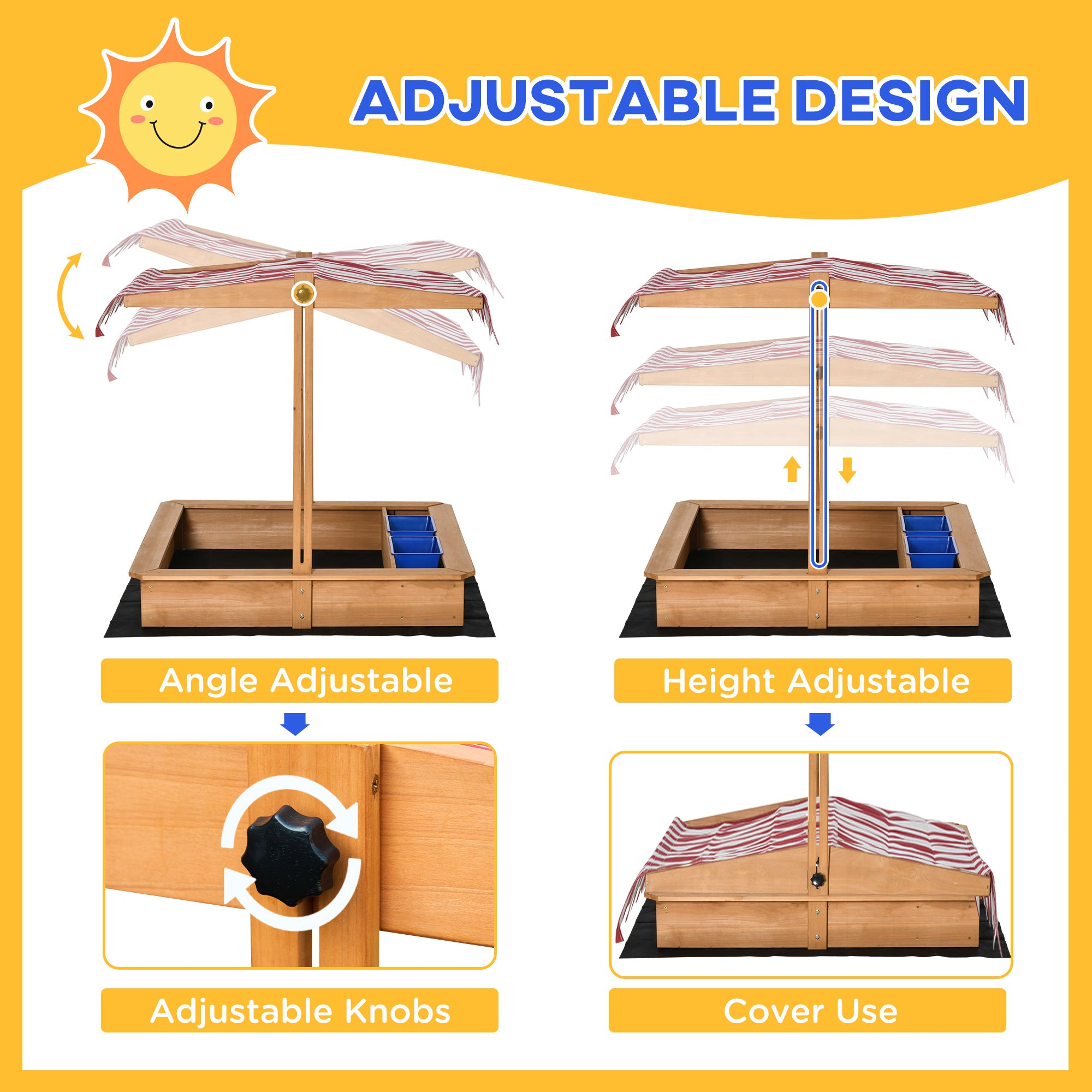 Outsunny Sand Pit Kids Wooden Sandbox with Cover Children Sandpit Play Station Height Adjustable with Canopy, Bottom Liner, Plastic Basins for Outdoor Aged 3-7 Years - anydaydirect
