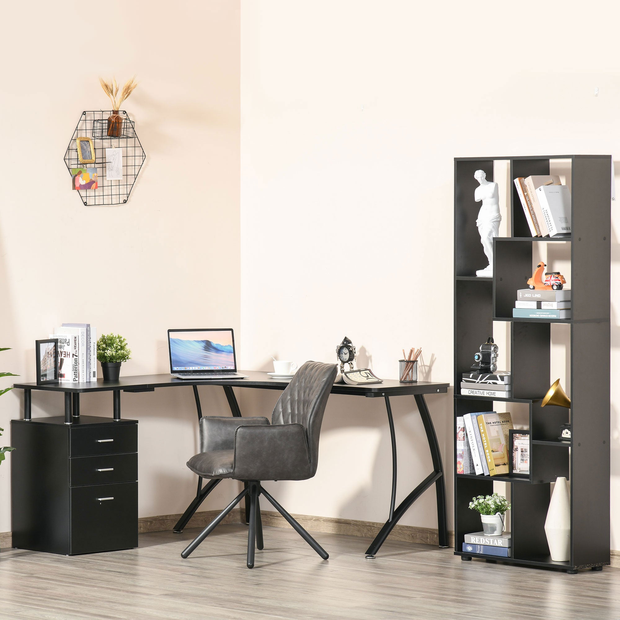 HOMCOM L-Shaped Computer Desk Table with Storage Drawer, Home Office Desk Corner Industrial Style Workstation for A4 Files 143.5 x 143.5 x 76cm, Black - anydaydirect