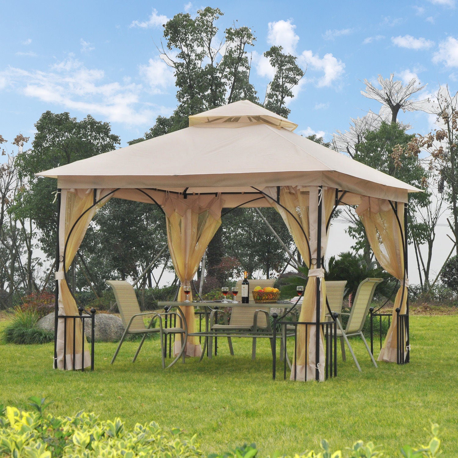 Outsunny 3 x 3(m) Garden Gazebo Patio Party Tent Shelter Outdoor Canopy Double Tier Sun Shade Metal Frame Netting Beige - anydaydirect