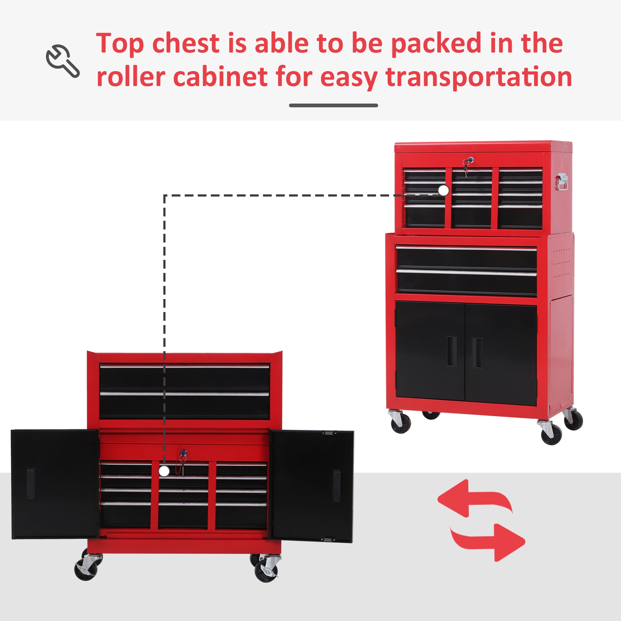 HOMCOM Tool Chest, Metal Tool Cabinet on Wheels with 6 Drawers, Pegboard, Top Chest and Roller Cabinet Combo, 61.6 x 33 x 108cm, Red and Black - anydaydirect