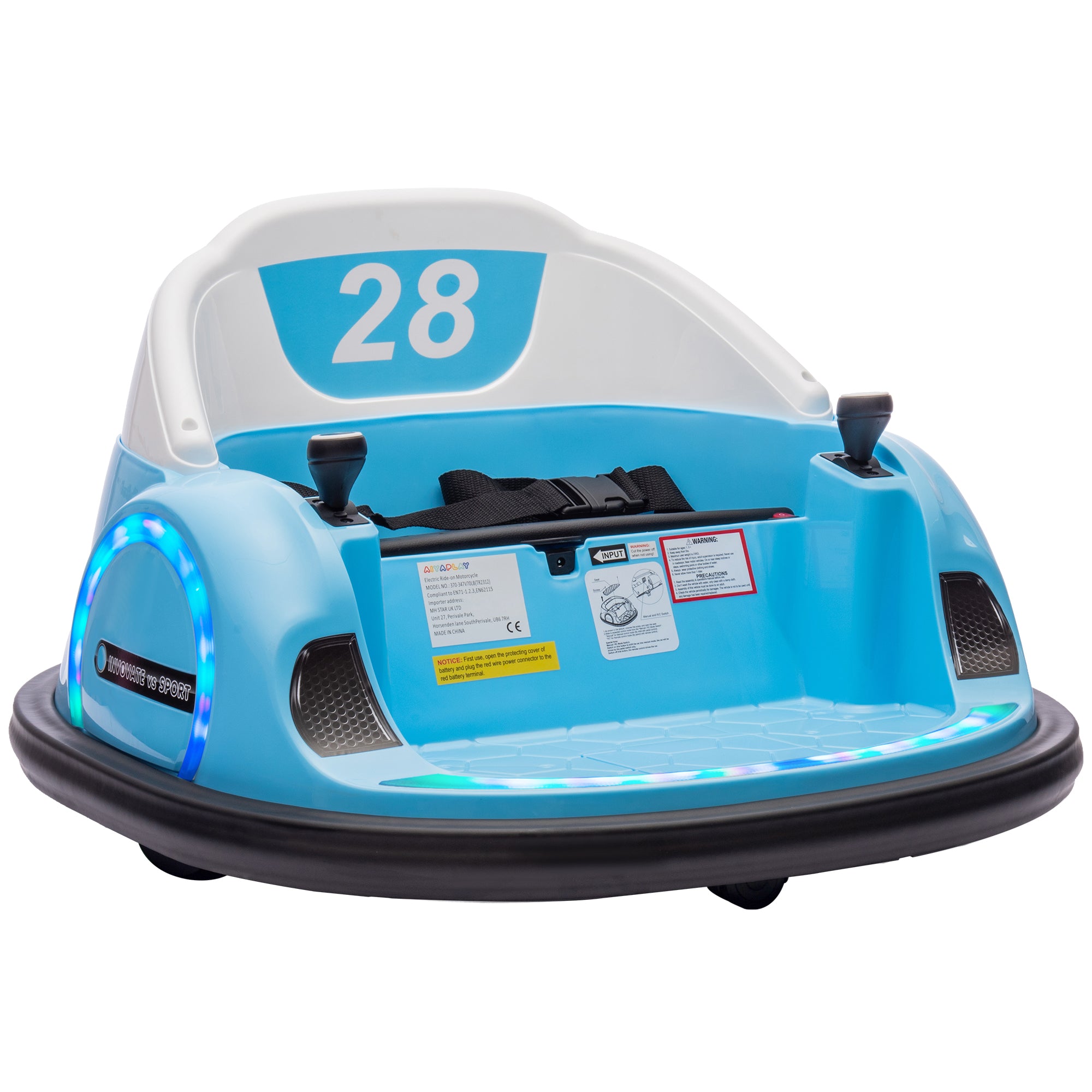 AIYAPLAY 360° Rotation Kids Bumper Car, 12V Waltzer Car with Remote Control, Dual Joysticks, Music Lights - Light Blue - anydaydirect