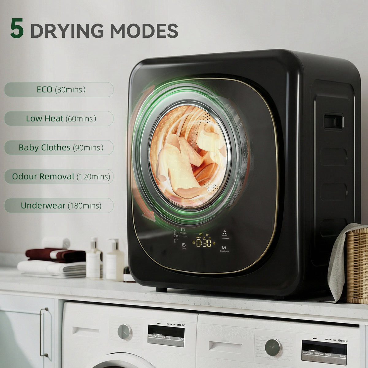HOMCOM 4kg Vented Tumble Dryer with 5 Drying Mode, 800W Compact Freest ...