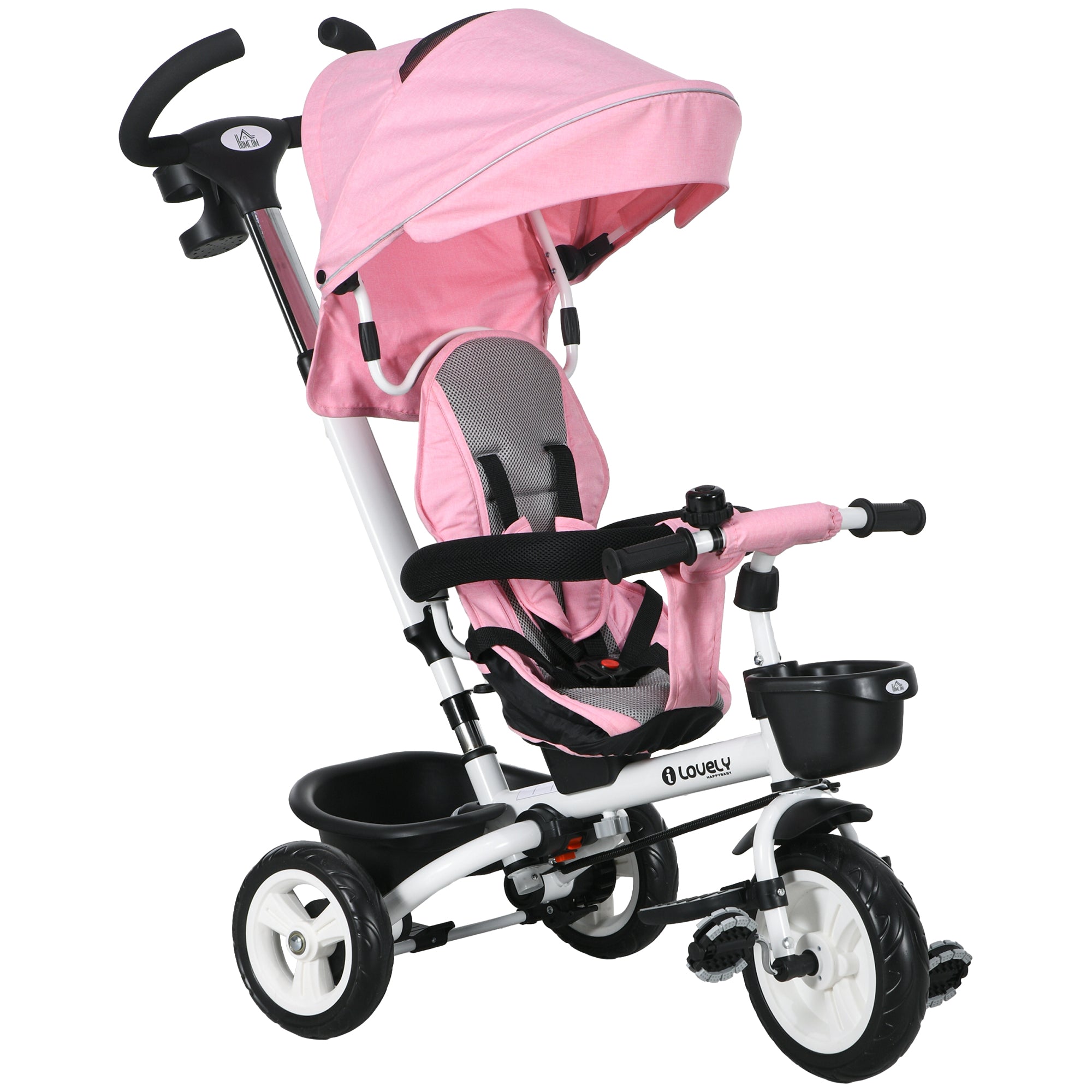 HOMCOM Metal Frame 4 in 1 Baby Push Tricycle with Parent Handle for 1-5 Years Old, Pink - anydaydirect