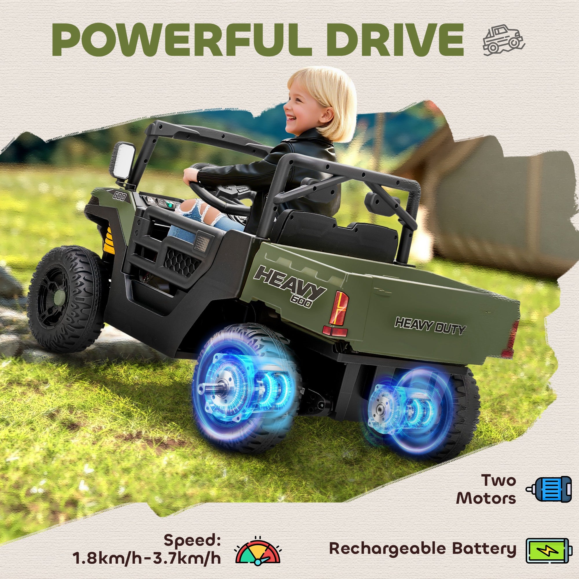 AIYAPLAY Kids Ride on Car, 12V Electric Kids UTV with Electric Dump Bed, 4-Wheel Suspension for 3-8 Years, Green - anydaydirect