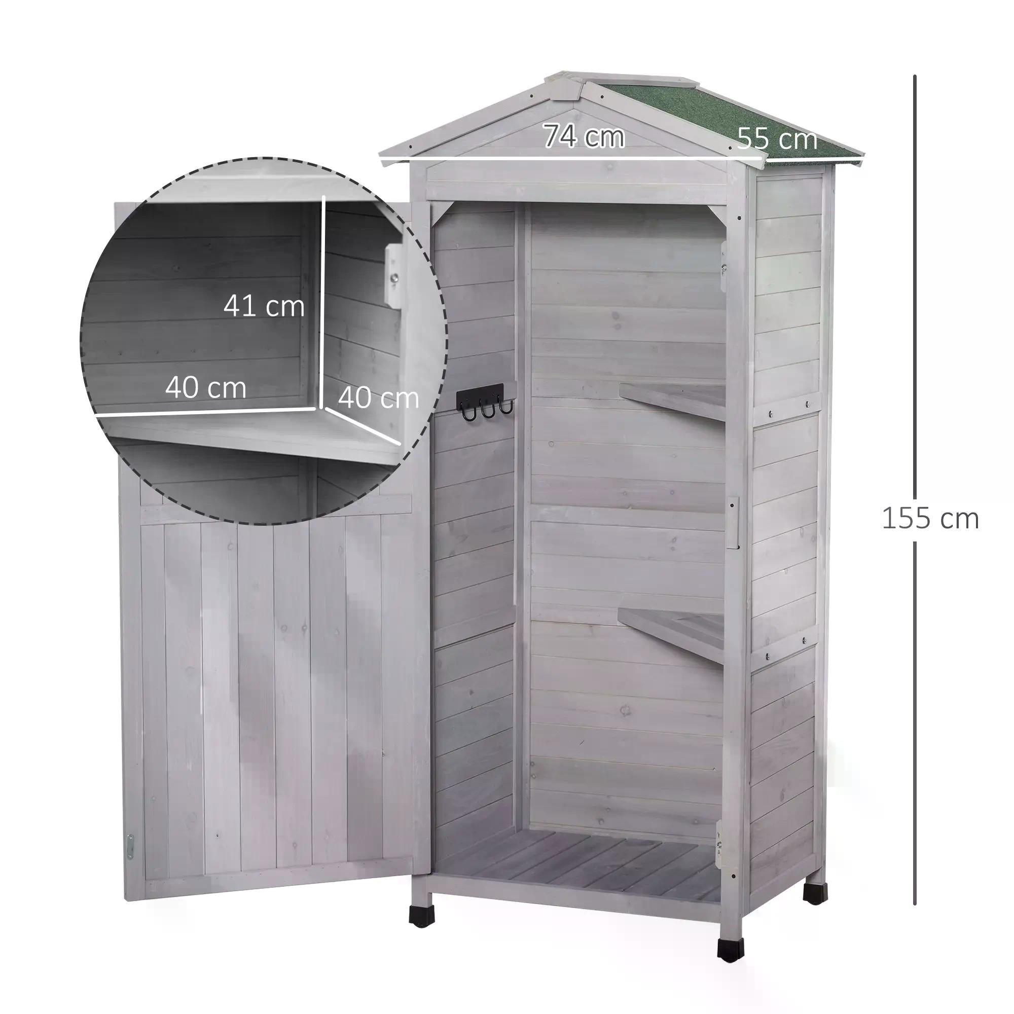 Outsunny Wooden Garden Cabinet 3-Tier Storage Shed 2 Shelves Lockable Organizer with Hooks Foot Pad 74 x 55 x 155cm Light Grey - anydaydirect