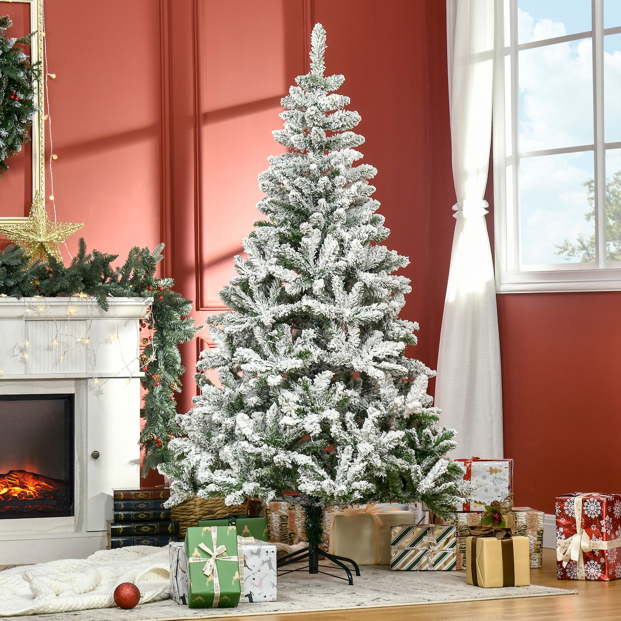 HOMCOM 6 Foot Snow Flocked Artificial Christmas Tree Xmas Pine Tree with 750 Realistic Branches, Auto Open and Steel Base, Green - anydaydirect