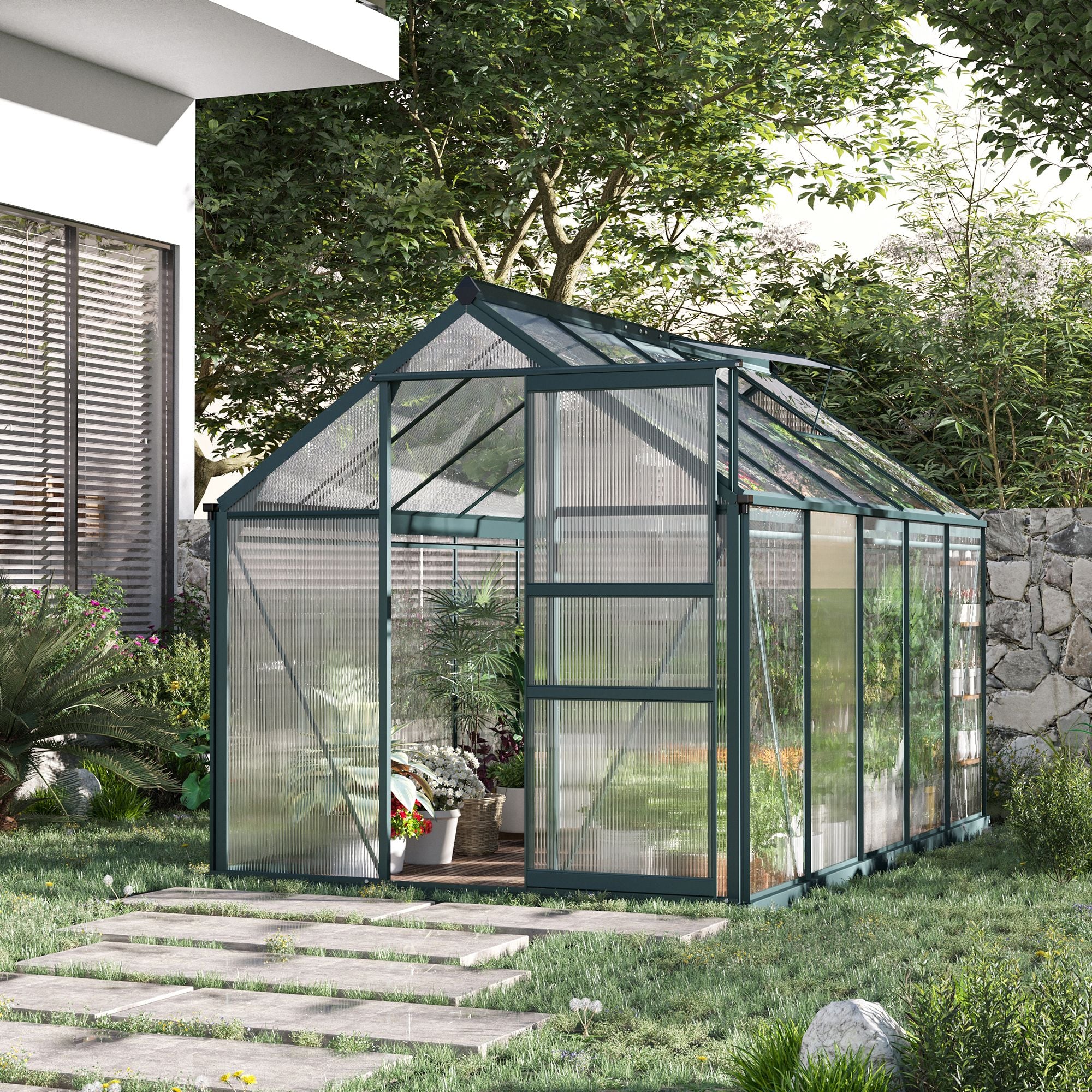 Outsunny 6 x 10ft Polycarbonate Greenhouse, Large Walk-In Green House with Slide Door and Window, Garden Plants Grow House with Aluminium Frame and Foundation, Dark Green - anydaydirect