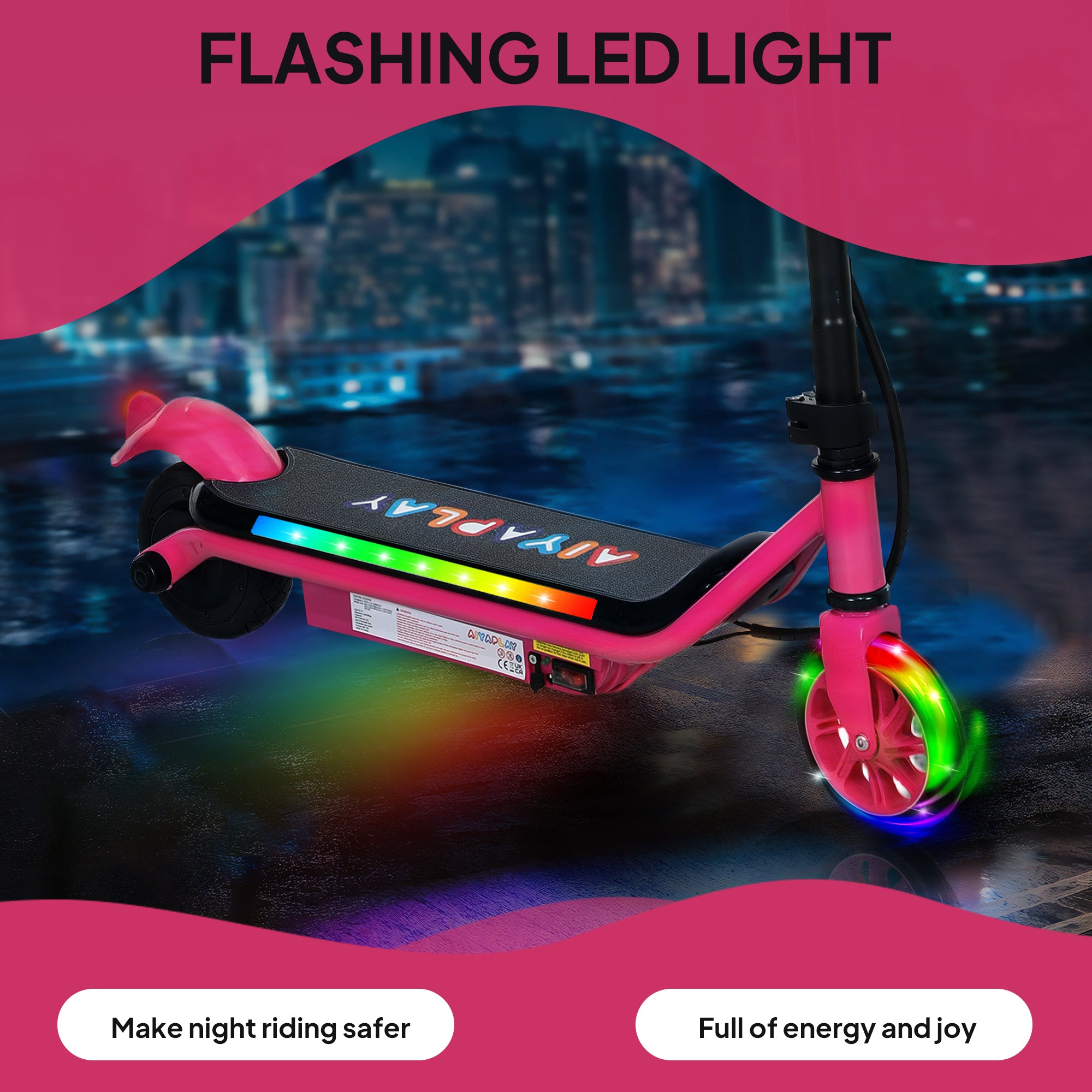 AIYAPLAY Electric Scooter for Kids Ages 6-14, with Dual Brakes, Flash Wheel and Colourful Light, Kids Electric Scooter E Scooter, Up to 12 KM/H & 10 KM, Pink - anydaydirect