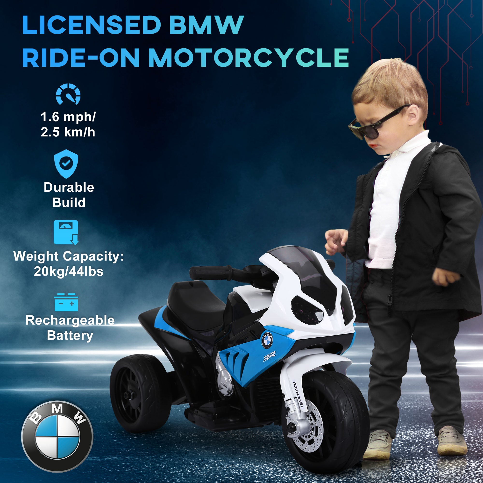 HOMCOM 6V BMW S1000RR Licensed Kids Electric Motorbike with Headlight, Music, Blue - anydaydirect