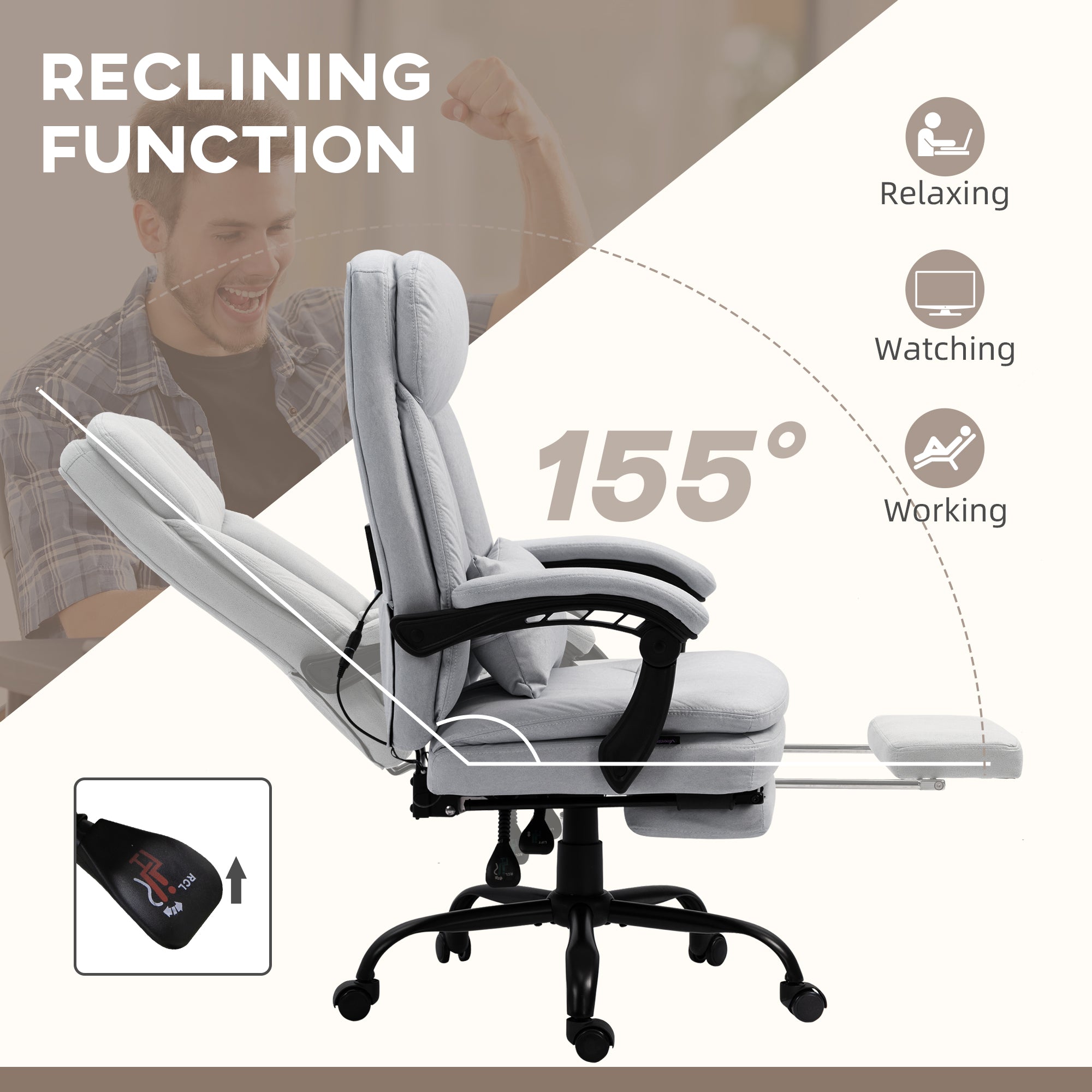 Vinsetto Office Chair, Ergonomic Desk Chair with 6-Point Vibration Massage and Lumbar Heating, Computer Chair with Lumbar Support Pillow, 155° Reclining Back and Footrest, Grey - anydaydirect
