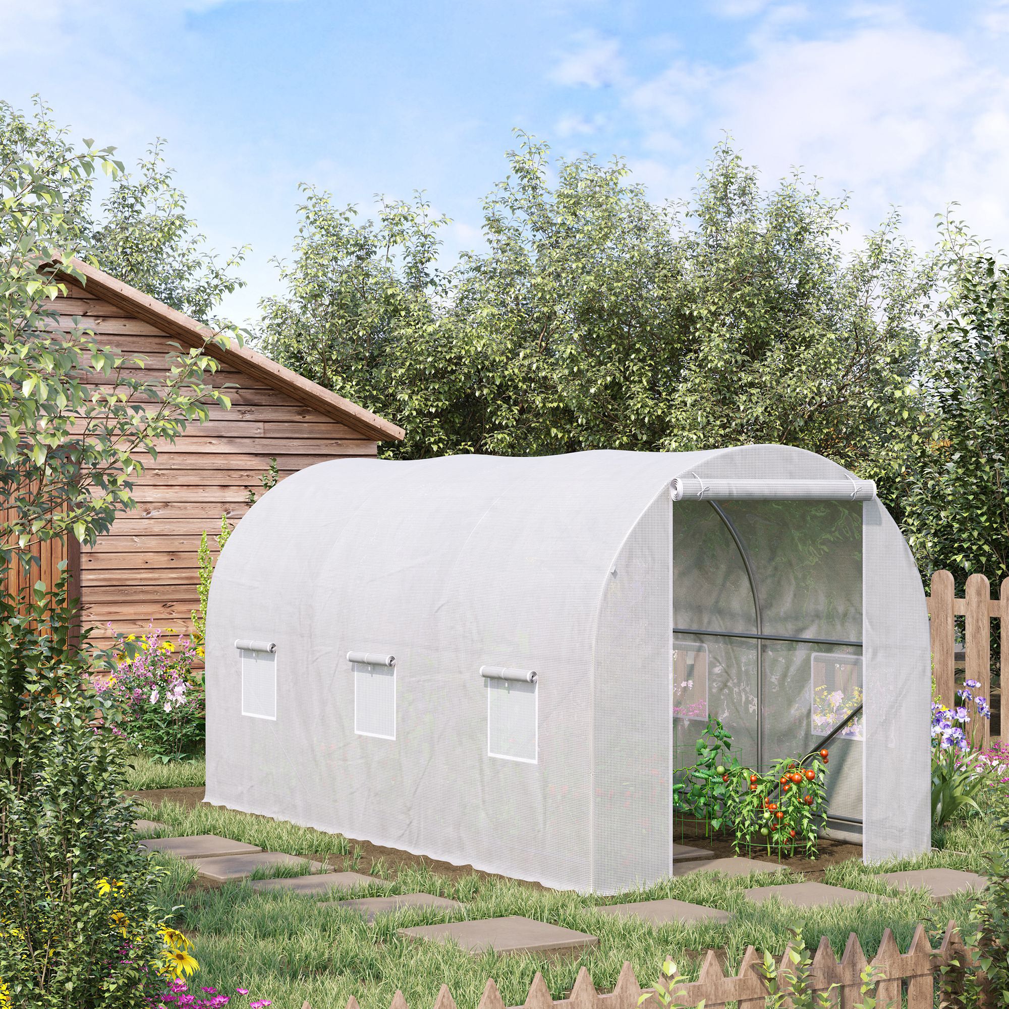 Outsunny 3.5 x 2 x 2 m Polytunnel Greenhouse, Walk-in Green House for Garden with Mesh Windows, Galvanised Steel Frame, White - anydaydirect