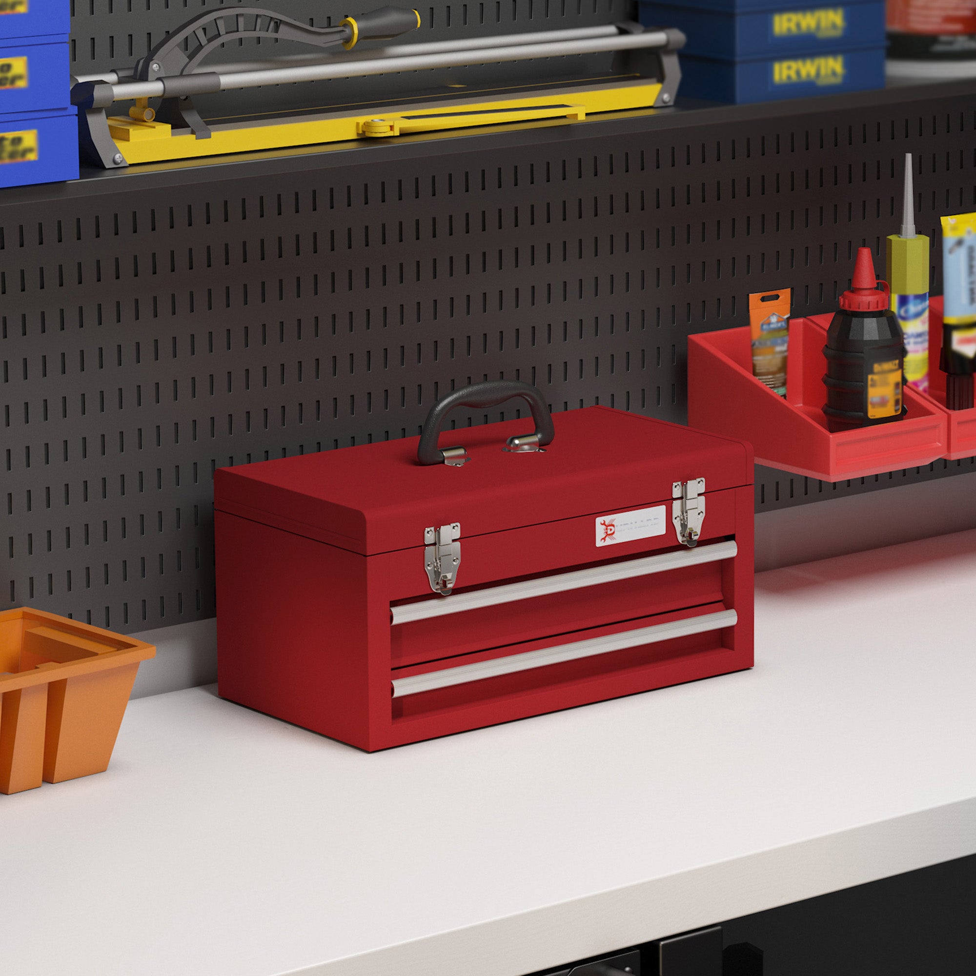 DURHAND Lockable Metal Tool Box, 2 Drawer Tool Chest with Latches, Handle, Ball Bearing Runners, Red - anydaydirect