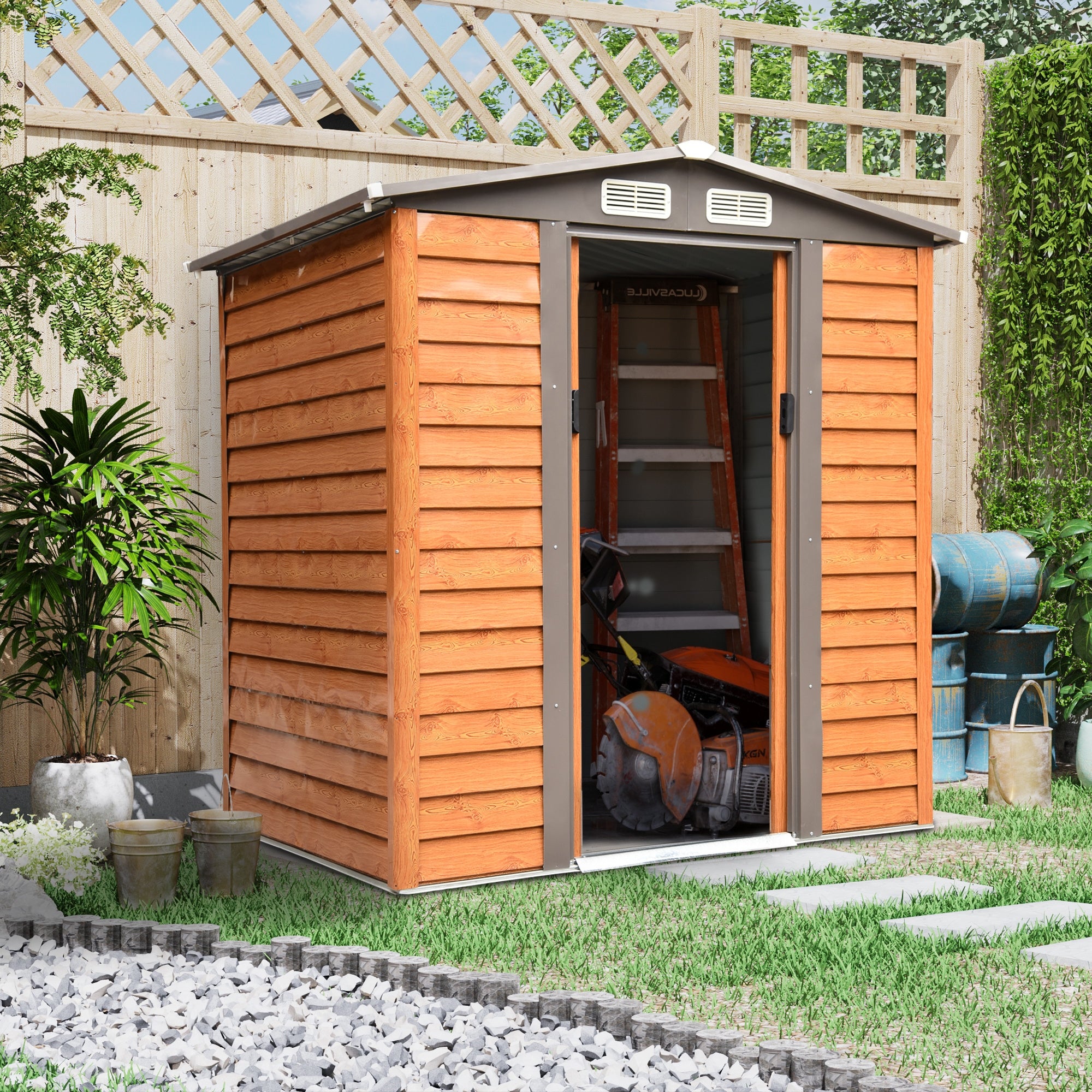 Outsunny 6 x 5 ft Garden Storage Shed Apex Store for Gardening Tool with Foundation and Ventilation, Brown - anydaydirect