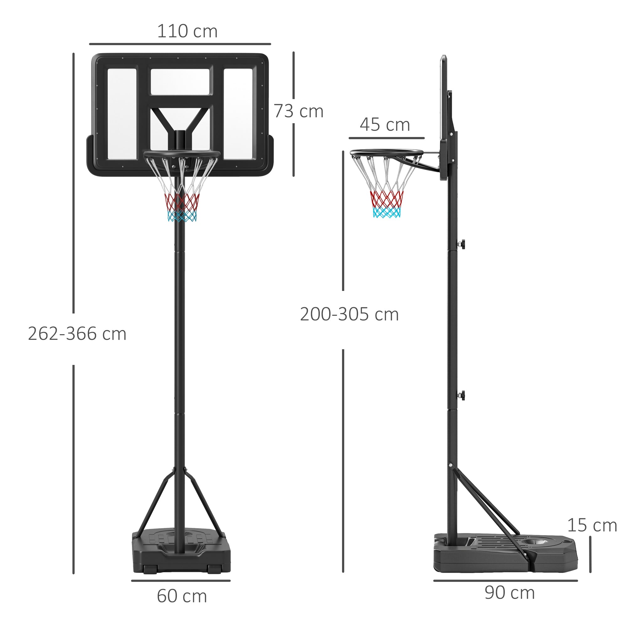 SPORTNOW Height Adjustable Basketball Stand Net Set System, Freestanding Basketball Hoop and Stand w/ Wheels, 200-305cm - Black - anydaydirect