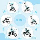 HOMCOM 6 in 1 Kids Trike Push Bike w/ Push Handle, Canopy, 5-point Safety Belt, Storage, Footrest, Brake, for 1-5 Years, Green - anydaydirect