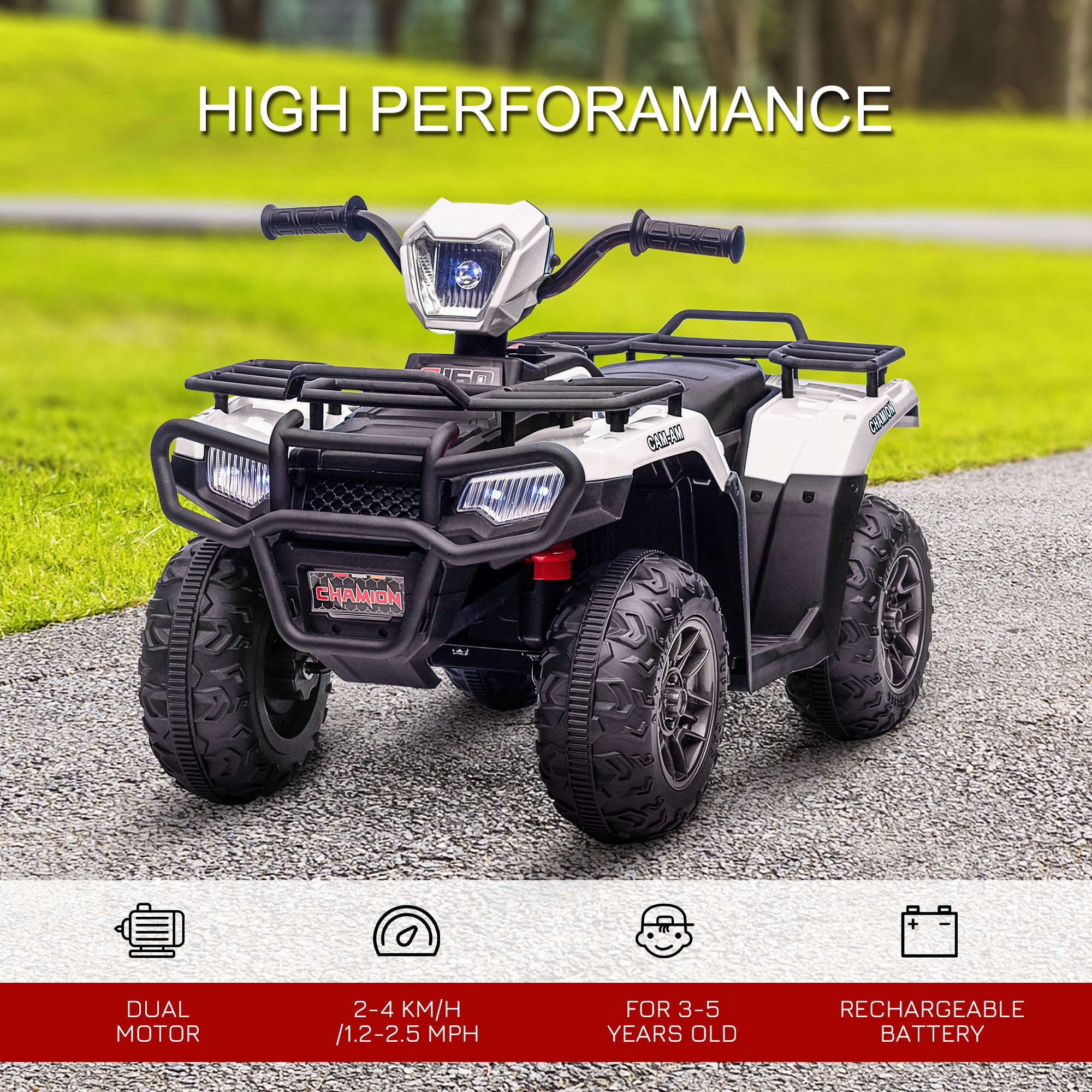 HOMCOM 12V Kids Quad Bike with Forward Reverse Functions, Electric Ride On ATV with Music, LED Headlights, for Ages 3-5 Years - White - anydaydirect