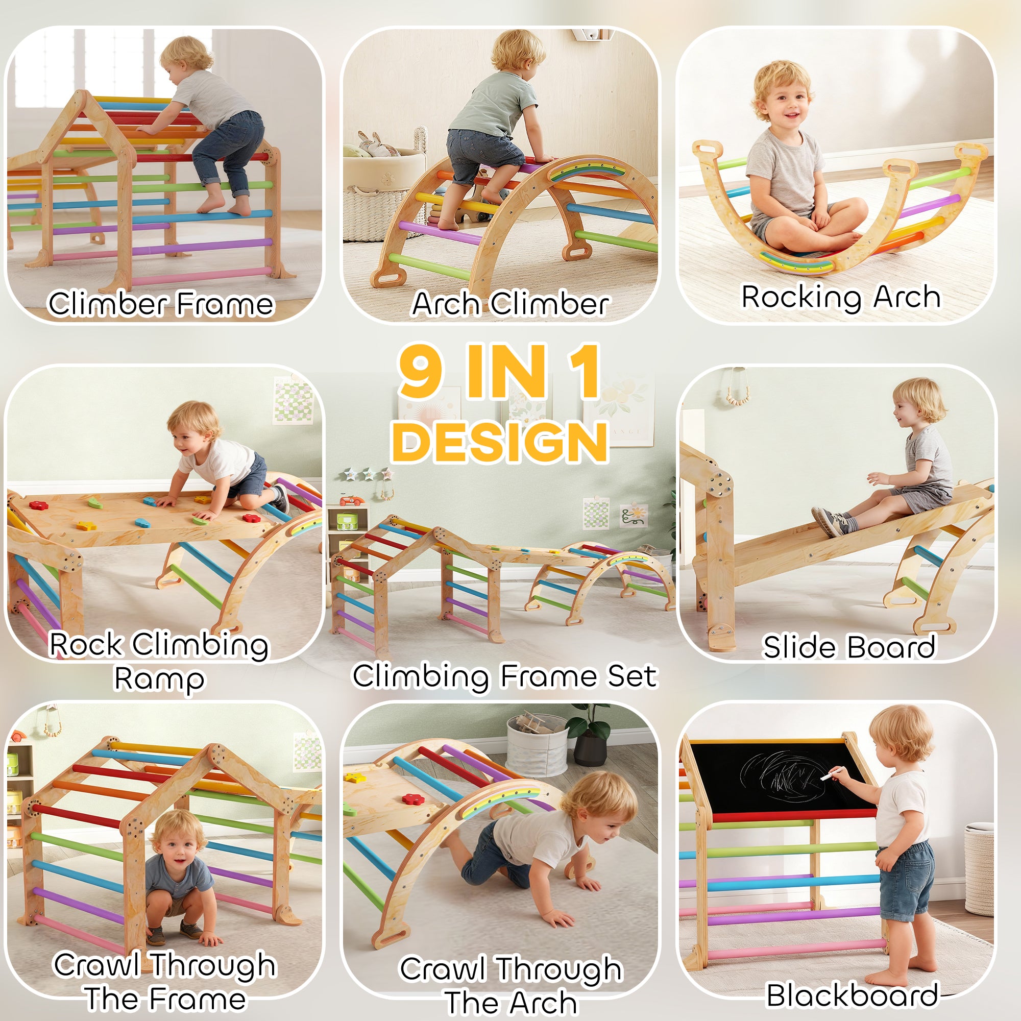 AIYAPLAY 9 in 1 Toddler Climbing Frame with Ramp, Slide, Arch, Ladder, Blackboard for 18-48 Months - anydaydirect