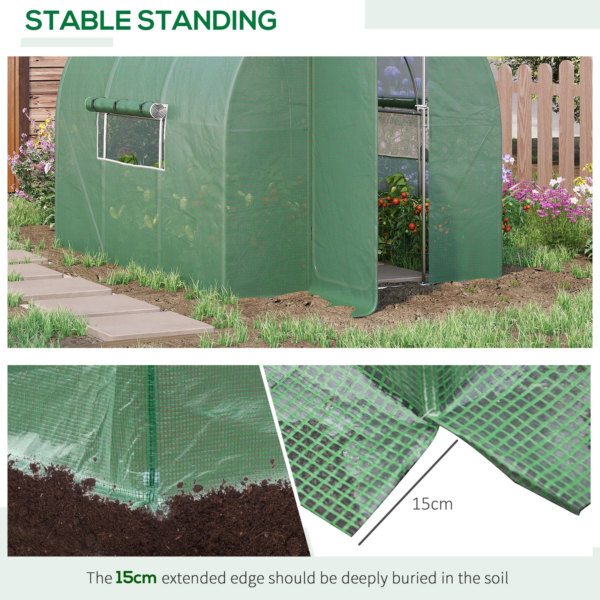 Outsunny Large Polytunnel Walk In Greenhouse, Plant Gardening Tunnel Green House with Metal Hinged Door, Galvanised Steel Frame & Mesh Windows, Green (3 x 2 m) - anydaydirect