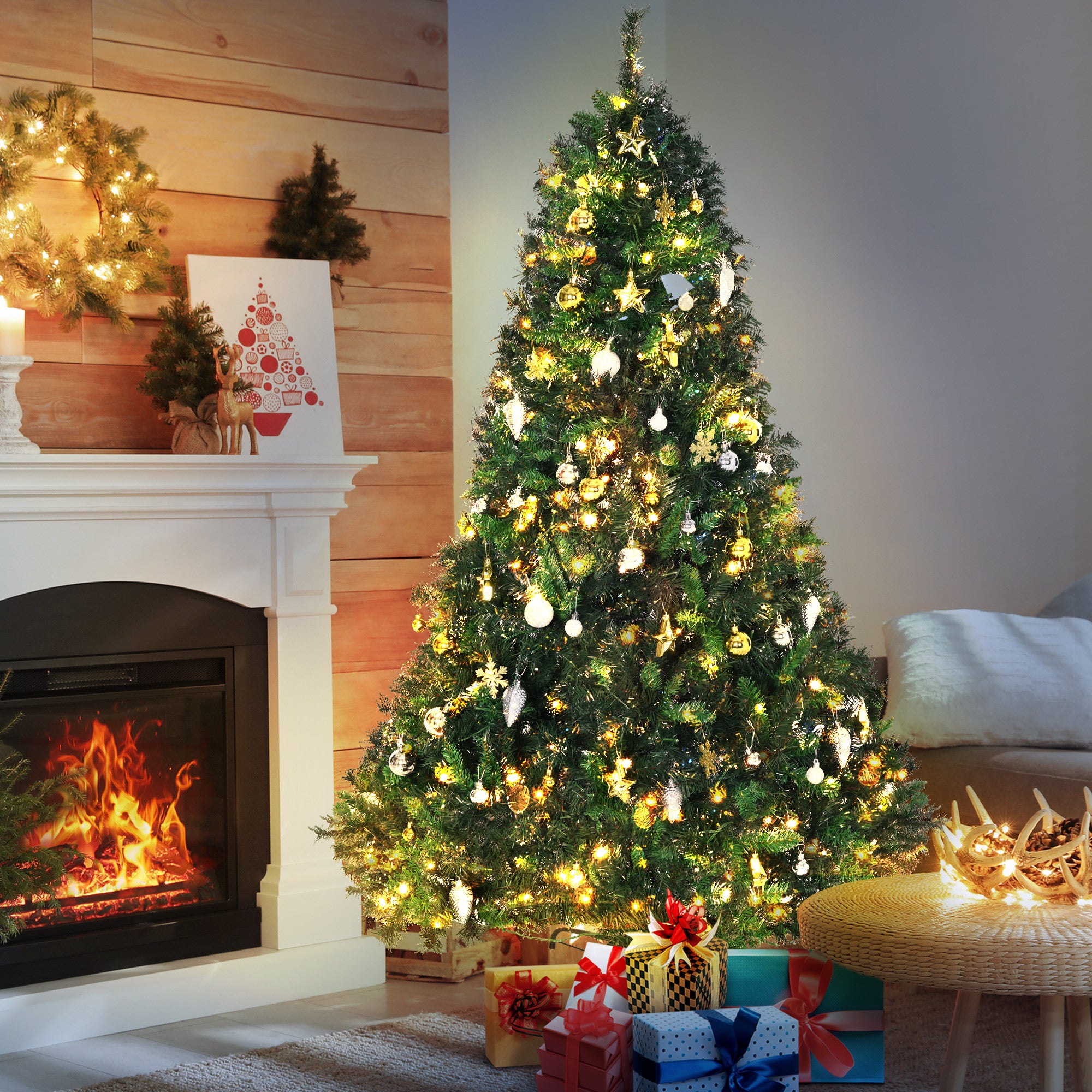 HOMCOM 1.8m 6ft Pre Lit Christmas Tree 200 LED Xmas Tree Holiday Décor with Decorative Balls Ornament Metal Stand - anydaydirect