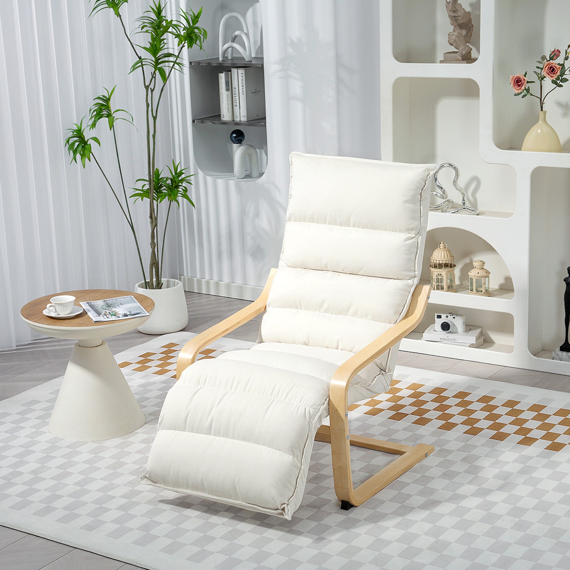 HOMCOM Curved Wooden Accent Chair, with Adjustable Footrest - Cream White - anydaydirect