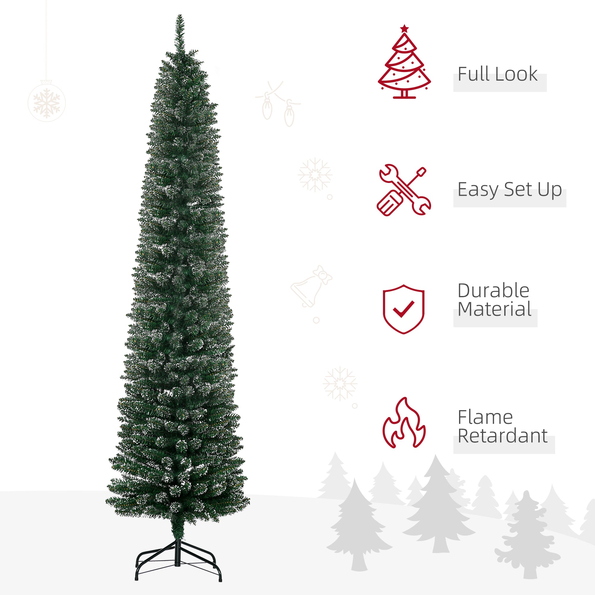 HOMCOM 7.5FT Artificial Christmas Tree Snow Dipped Xmas Pencil Tree Holiday Home Indoor Decoration with Foldable Black Stand, Green - anydaydirect