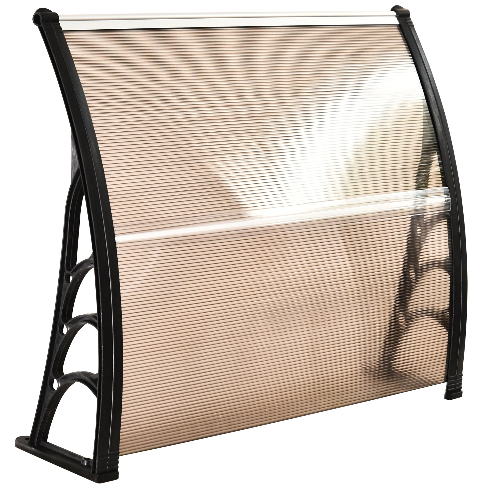 Outsunny Curved Window Door Canopy Aluminium Rigid Plastic Polycarbonate Fixed Outdoor Awning Modern Design UV Water Rain Resist 100 x 75cm Brown - anydaydirect