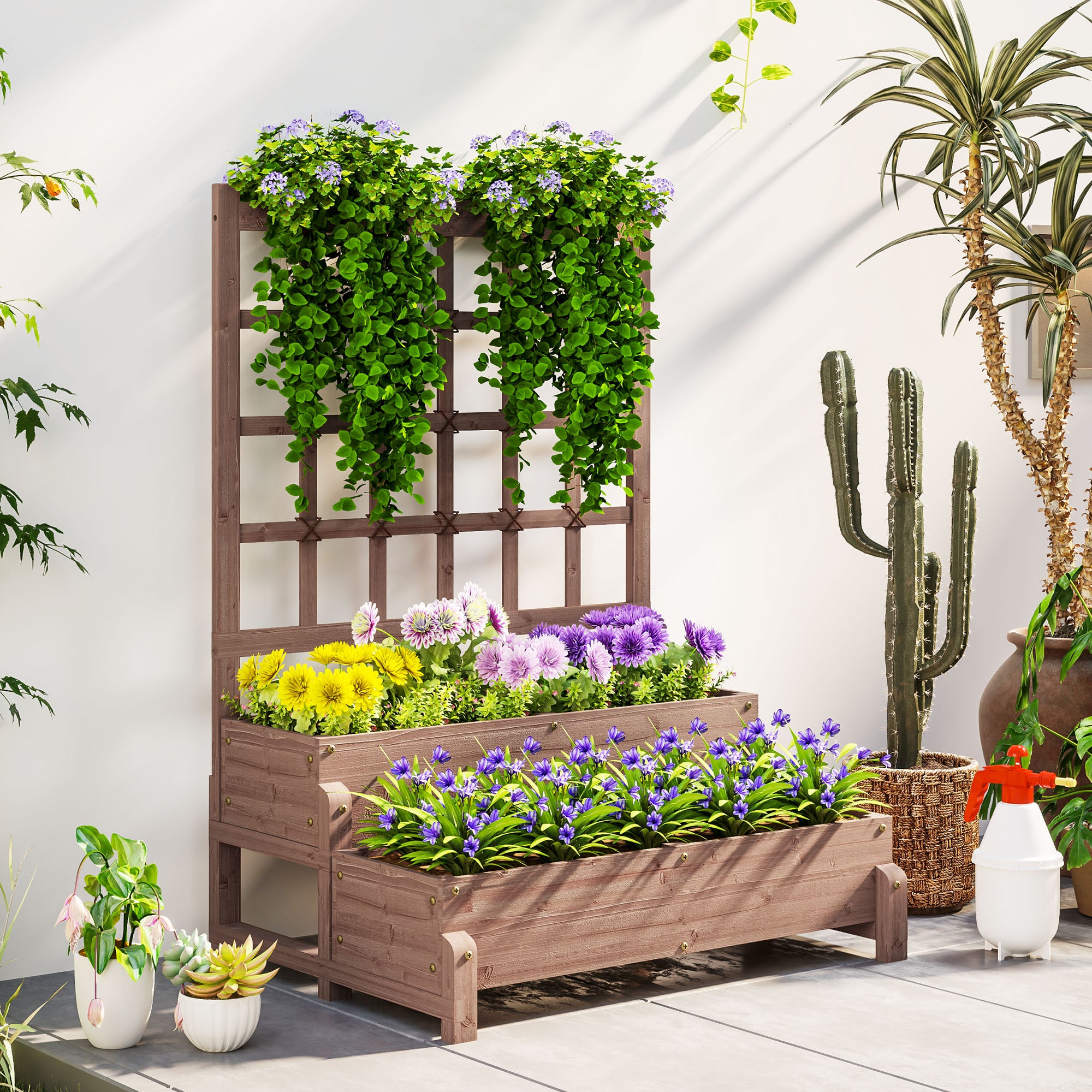 flower planter with trellis Outsunny 2-Tier Raised Garden Bed with Trellis, Wooden Elevated Plante – anydaydirect