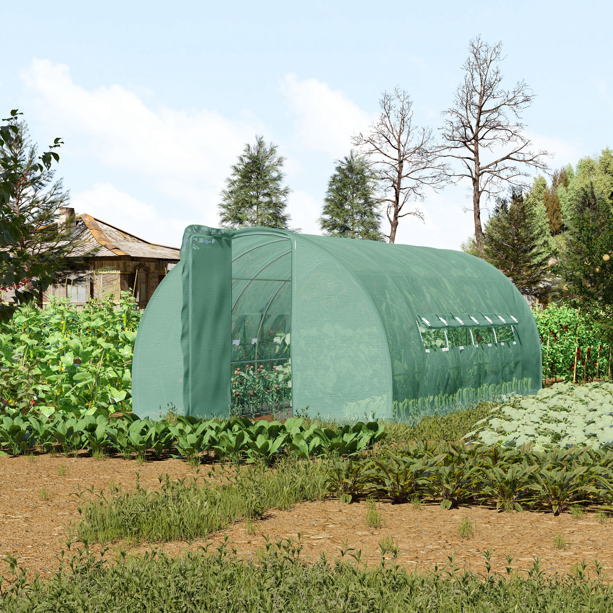 Outsunny Large Polytunnel Walk In Greenhouse, Plant Gardening Tunnel Green House with Metal Hinged Door, Galvanised Steel Frame & Mesh Windows, Green (3 x 6 m) - anydaydirect
