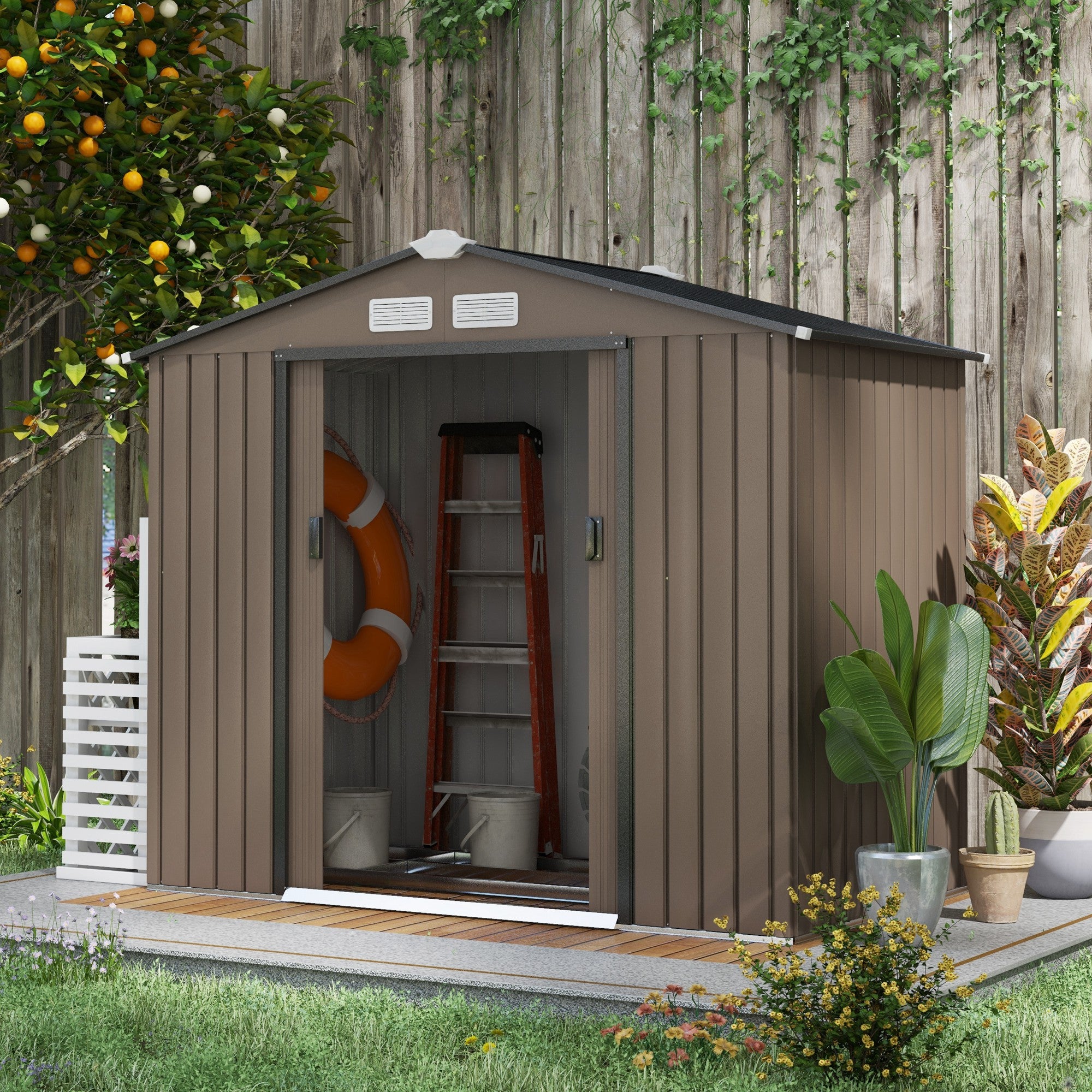 Outsunny 7ft x 4ft Lockable Garden Metal Storage Shed Large Patio Roofed Tool Storage Building Foundation Sheds Box Outdoor Furniture, Brown - anydaydirect