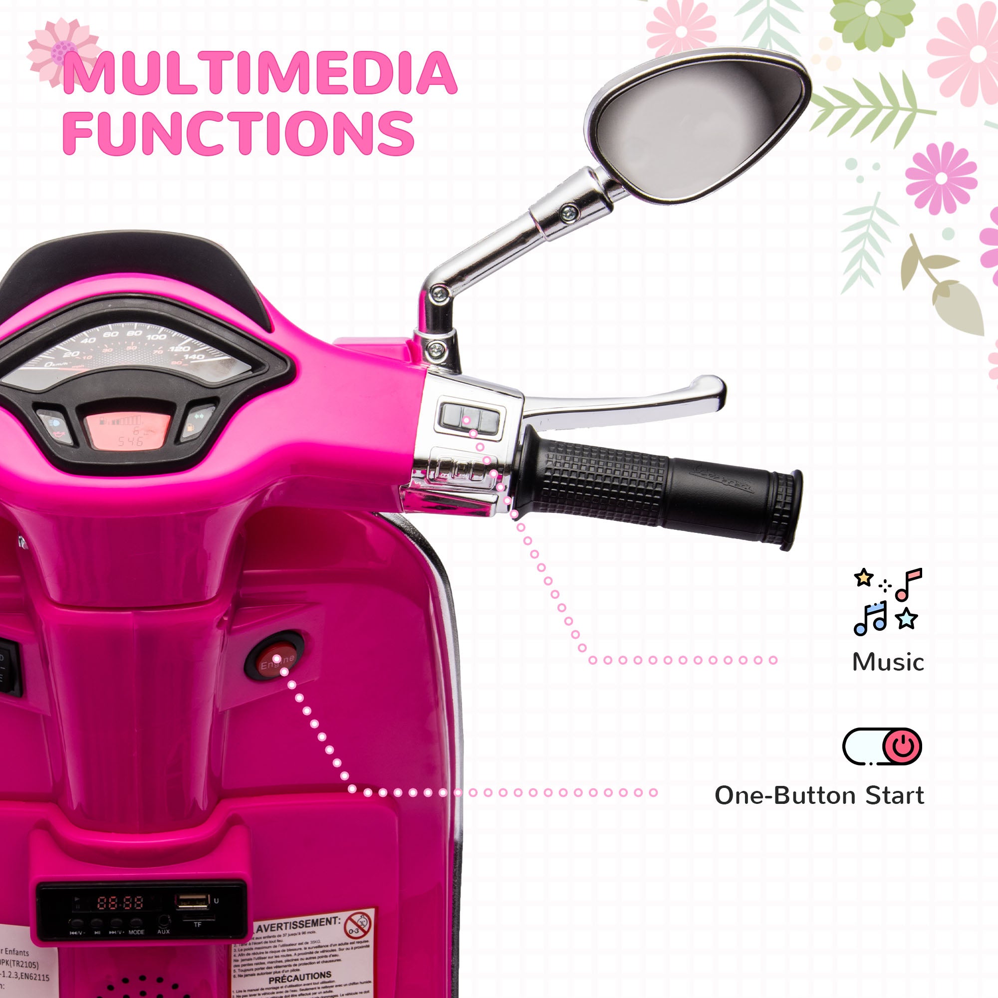AIYAPLAY 12V Vespa Licensed Kids Electric Motorbike w/ Music, Headlights, FM Radio, for 3-6 Years - Pink - anydaydirect