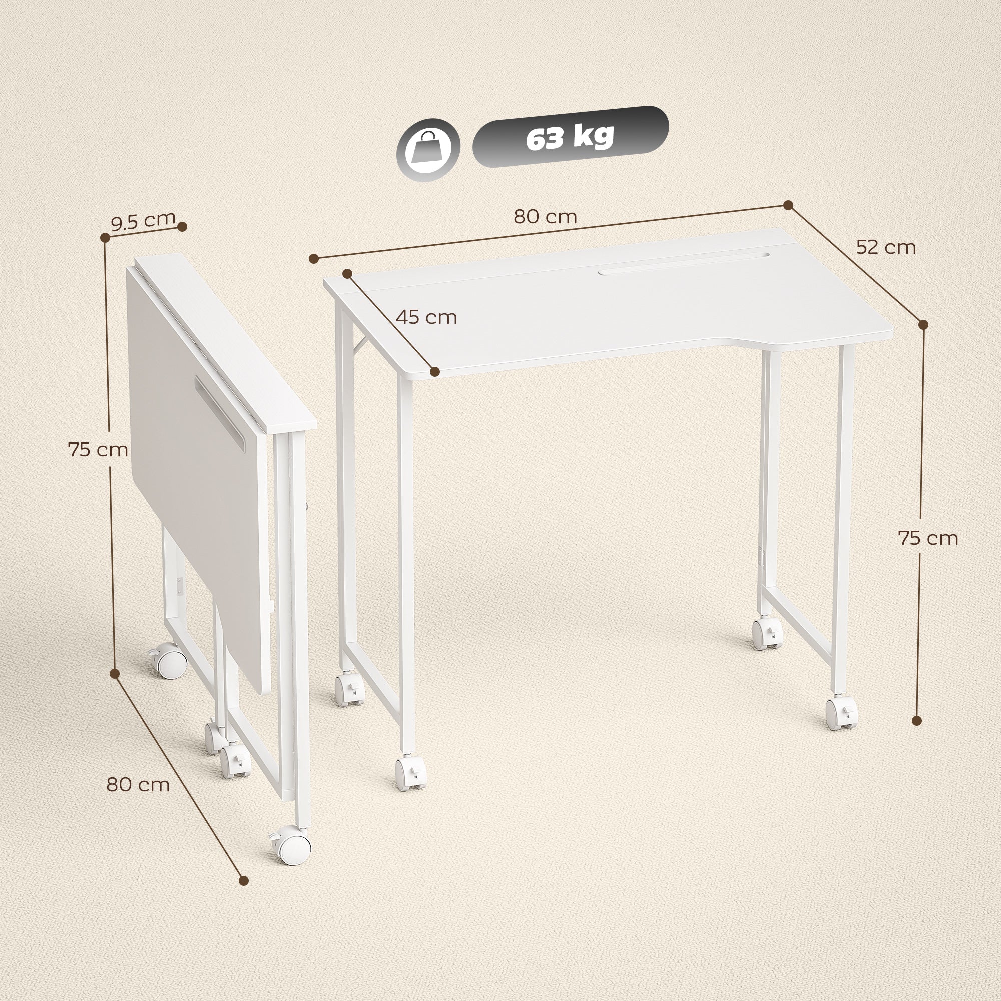 HOMCOM Small Folding Desk, with Wheels - White Wood-Effect - anydaydirect