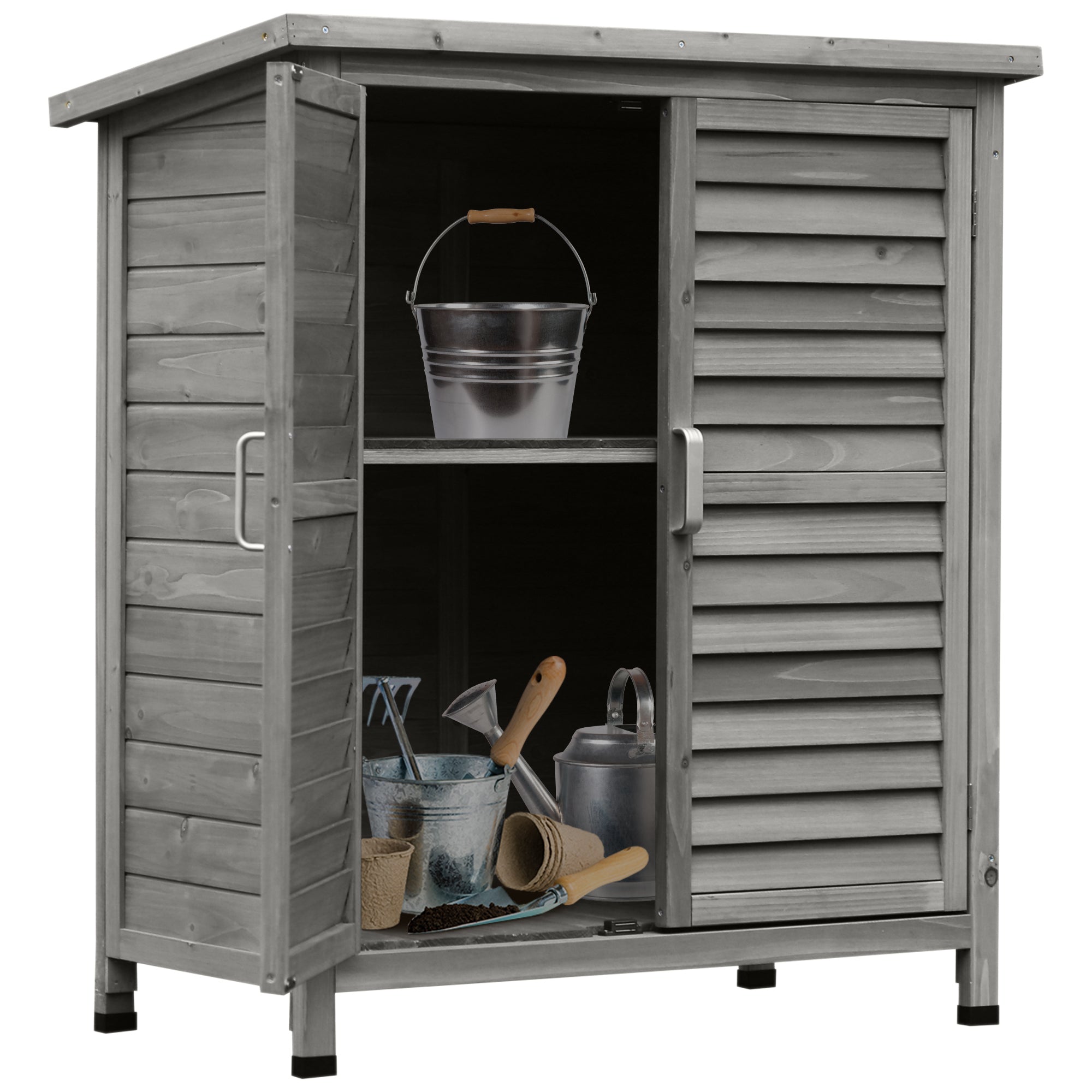 Outsunny Garden Shed Wooden Garden Storage Shed 2 Door Unit Solid Fir Wood Garage Tool Organisation Cabinet, 87L x 46.5W x 96.5Hcm, Grey - anydaydirect